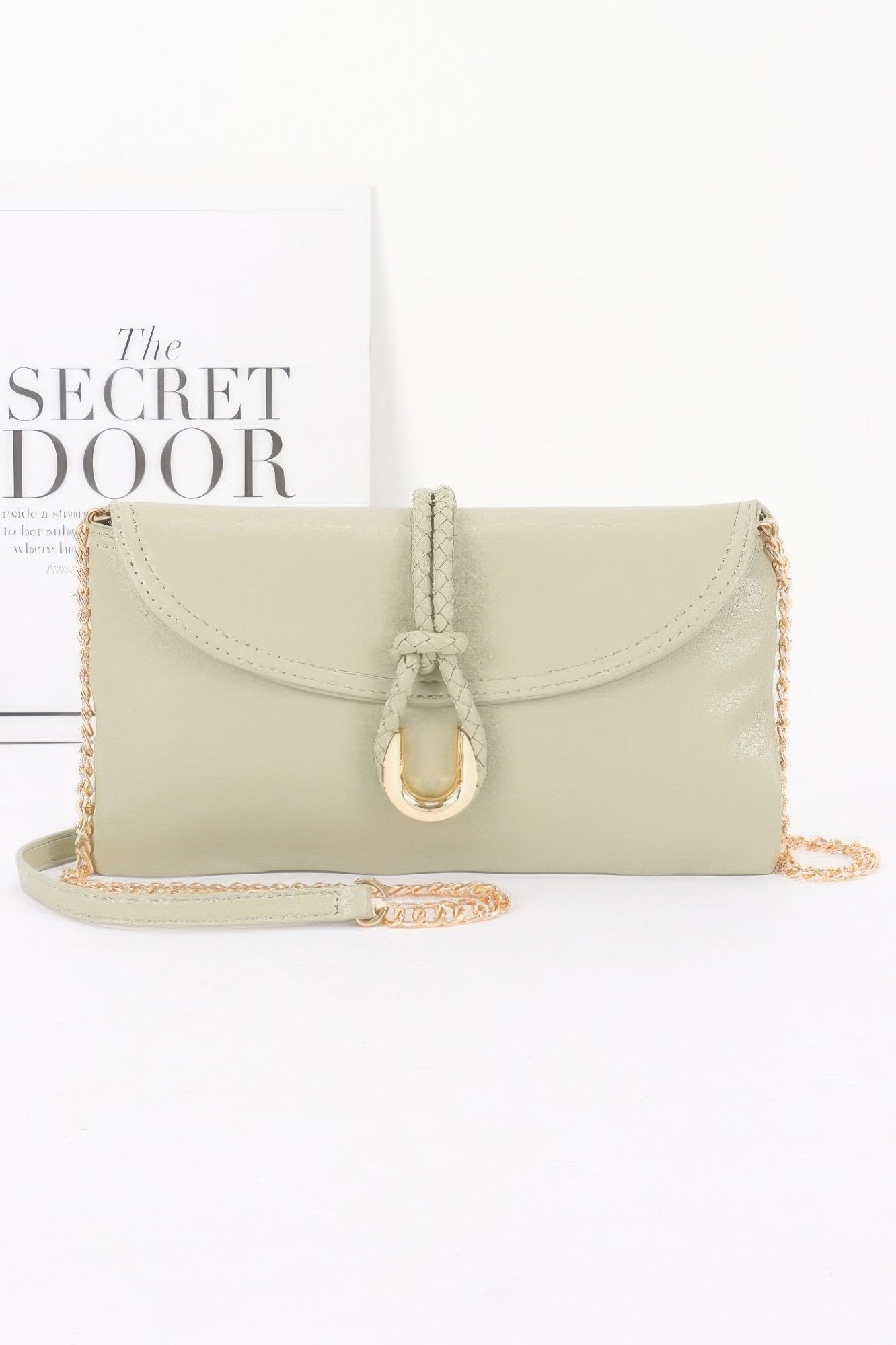 Vegan Leather Envelope Clutch Bag in light green with gold chain strap