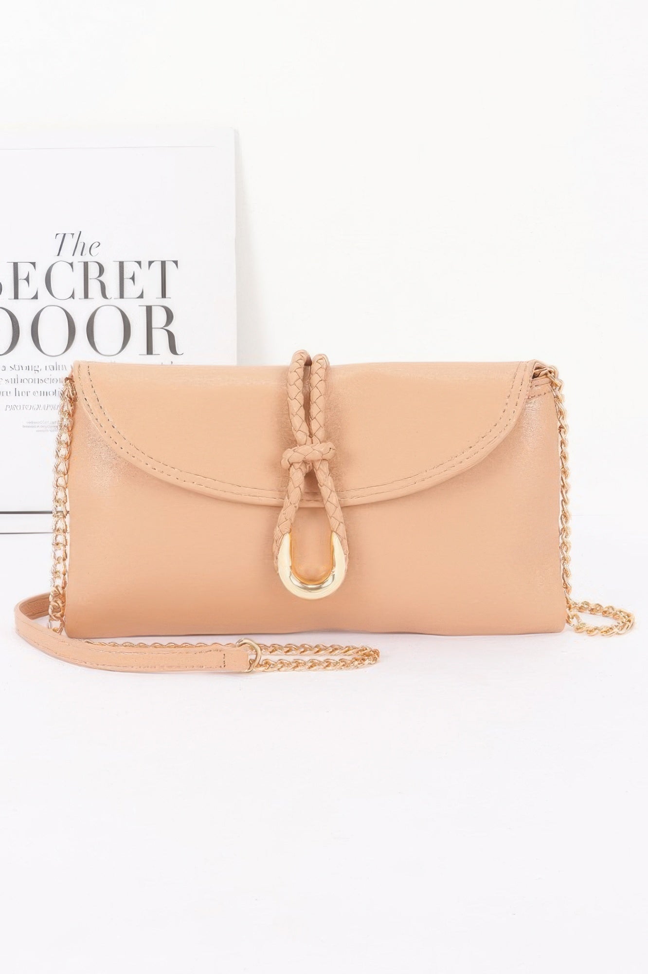 Vegan Leather Envelope Clutch Bag in light brown with gold chain strap and braided detail