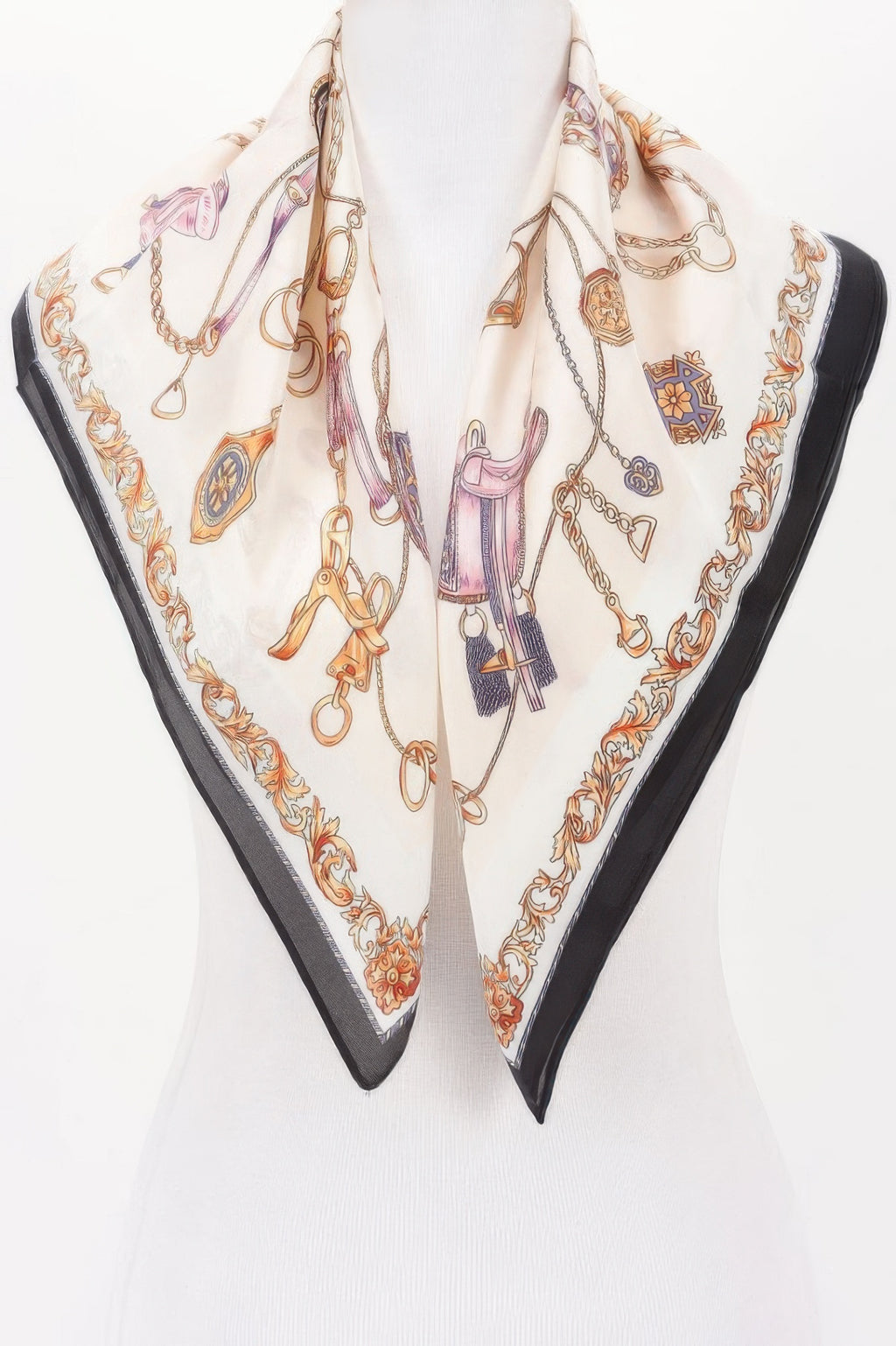 Multi Print Bandana with a black border and gold chain and saddle print