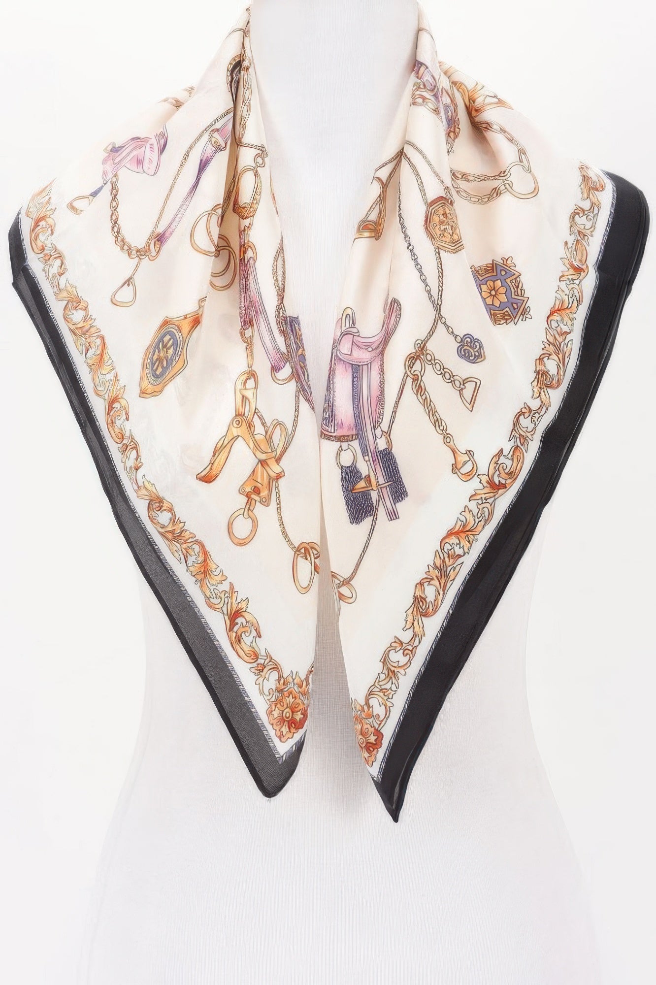 Multi Print Bandana with a black border and gold chain and saddle print