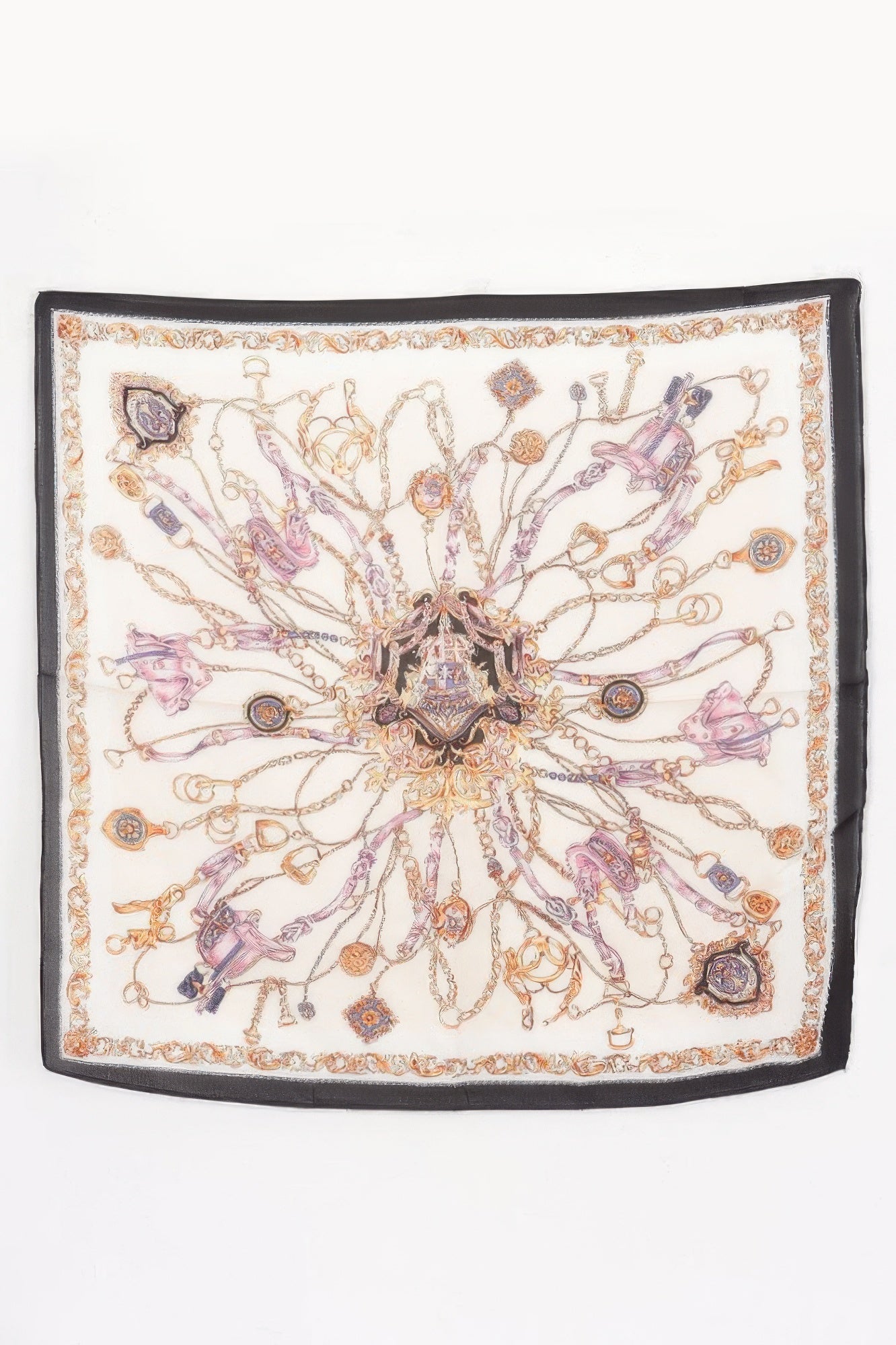 Multi Print Bandana with a black border and a pattern of gold chains and purple straps