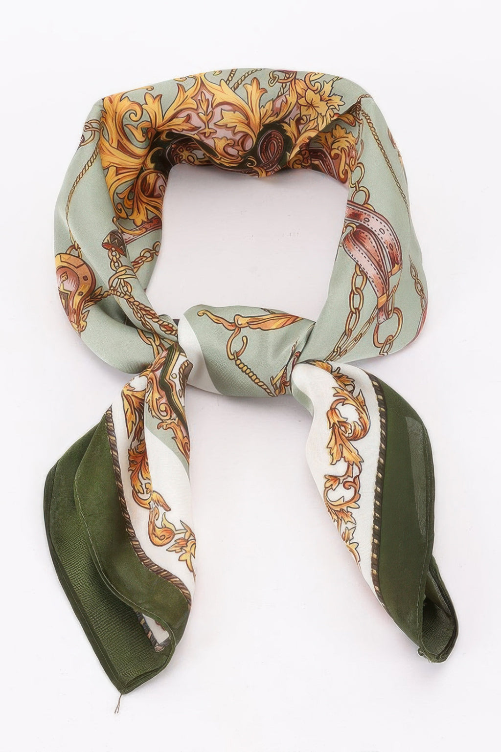 Multi Print Bandana with gold chain and floral patterns on light green and white fabric