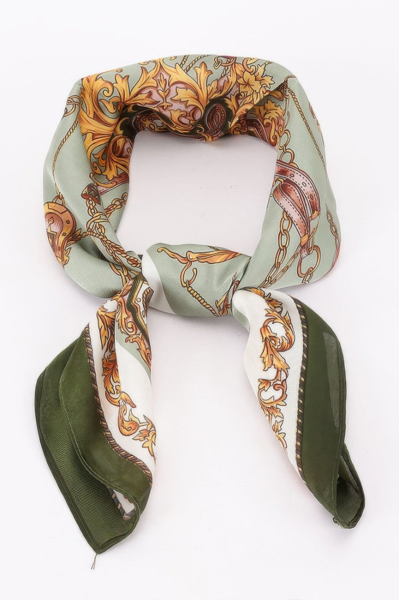 Multi Print Bandana with gold chain and floral patterns on light green and white fabric