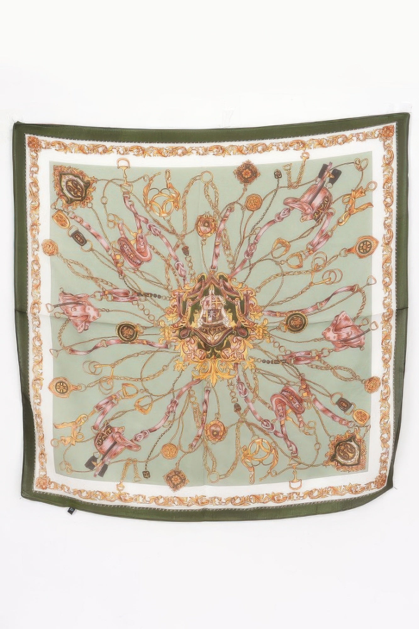 Multi Print Bandana with a green background and a gold chain and belt pattern