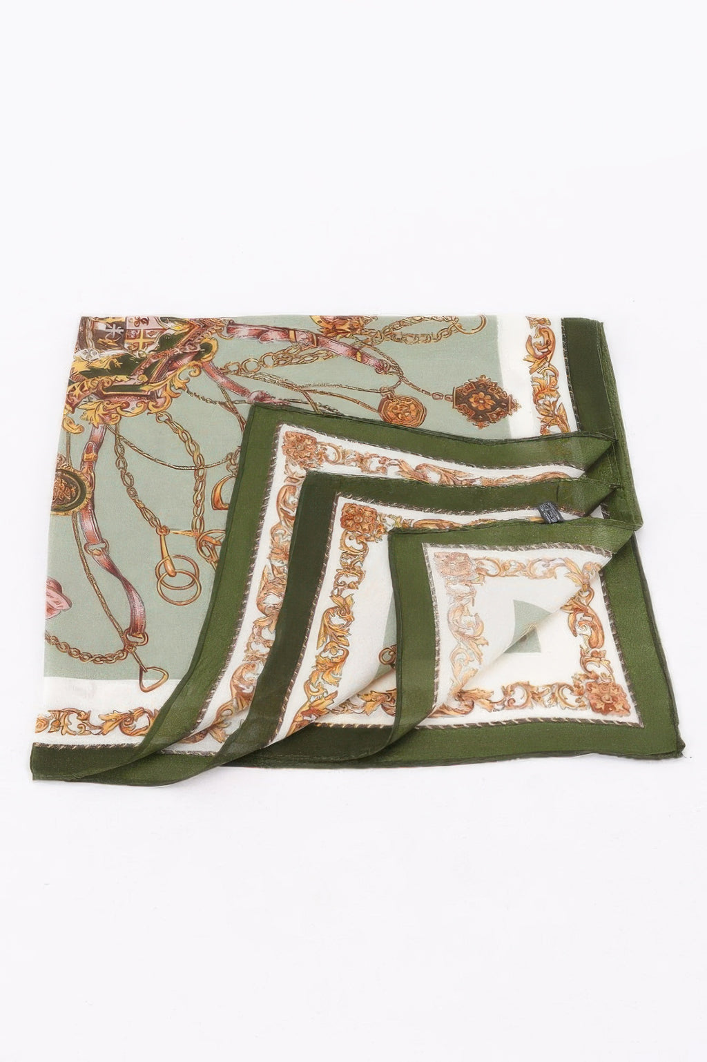 Multi Print Bandana with green, white, and gold chain and buckle pattern