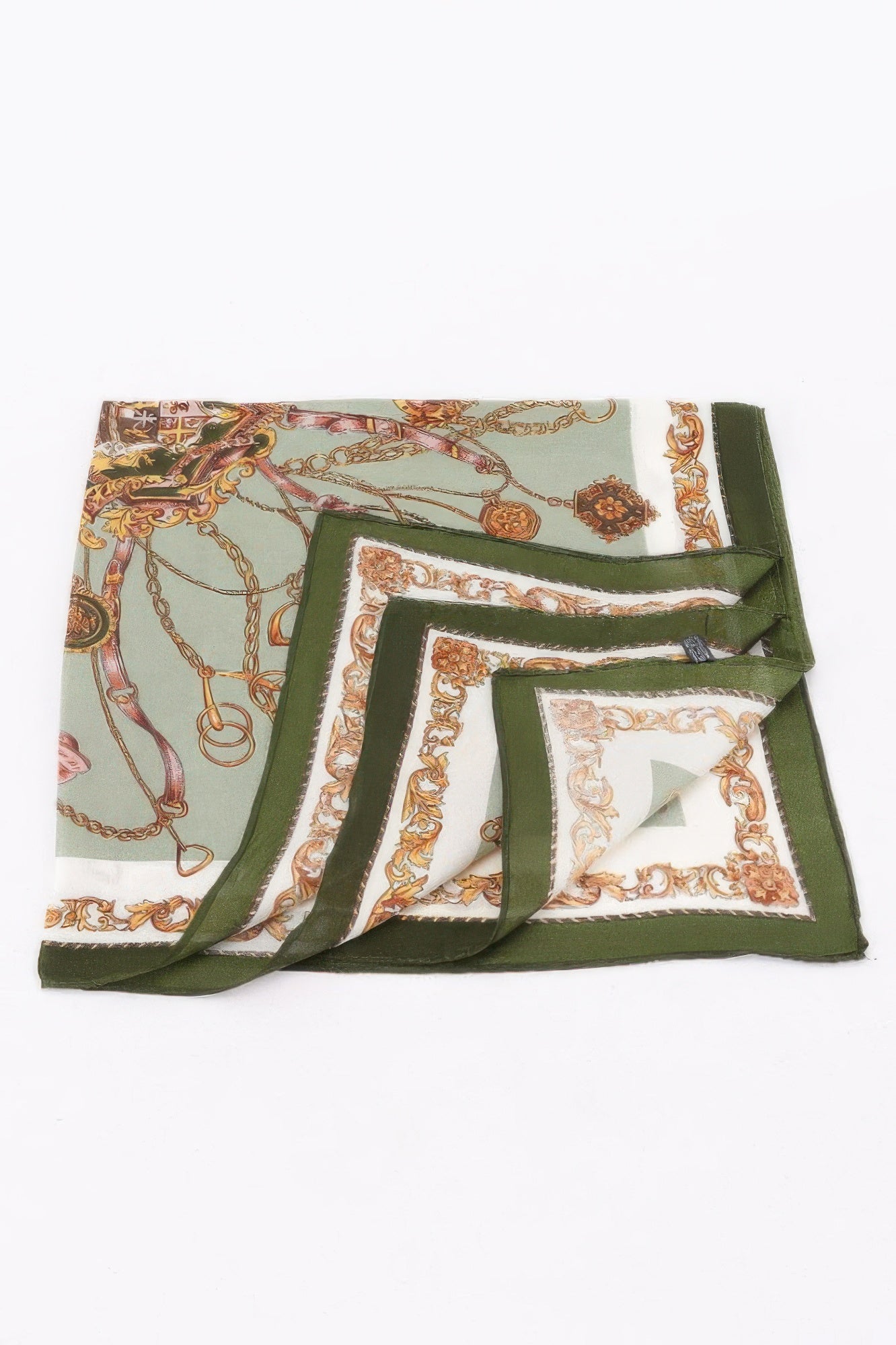 Multi Print Bandana with green, white, and gold chain and buckle pattern