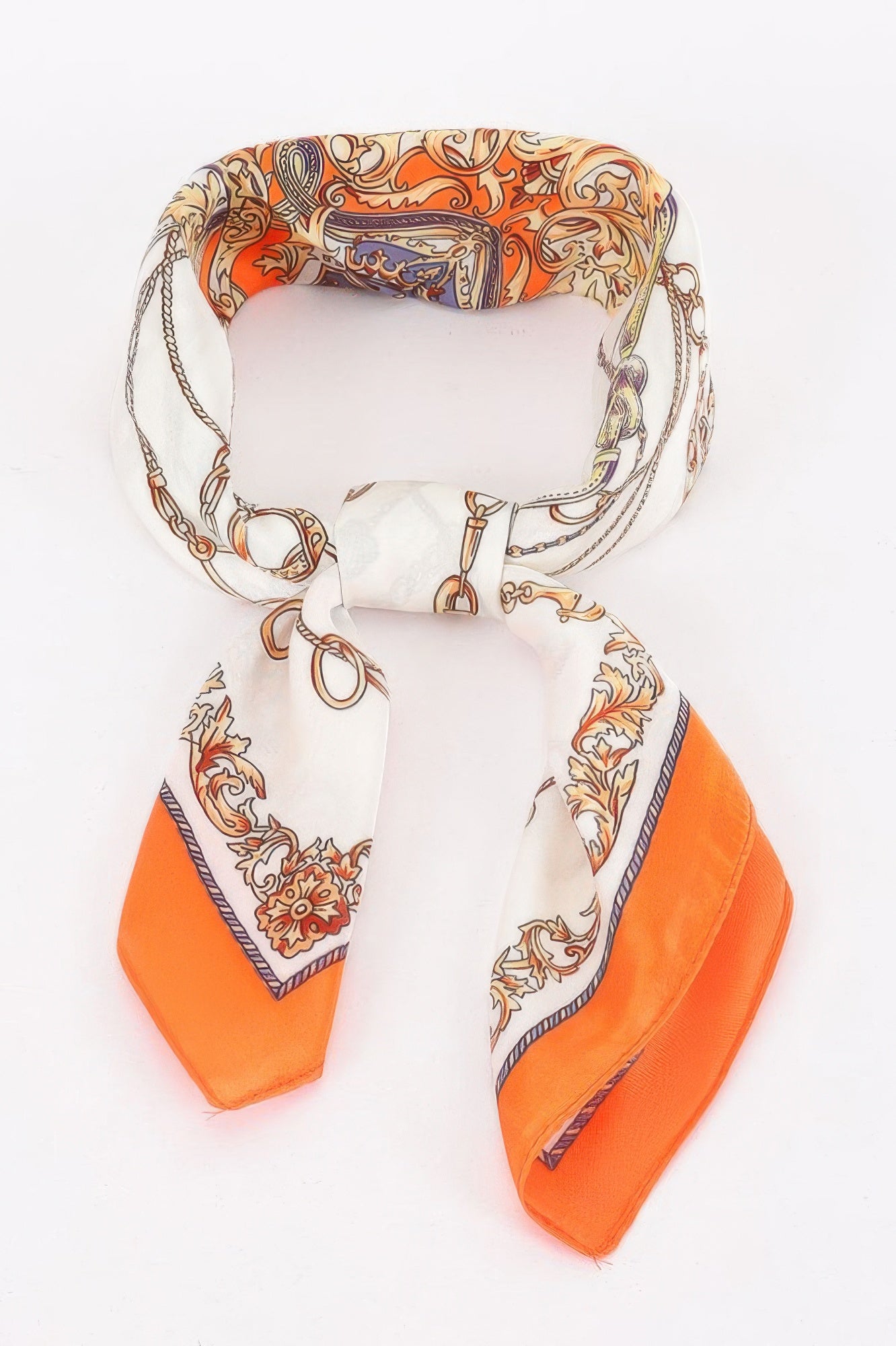 Multi Print Bandana with orange, white, and gold chain and floral patterns