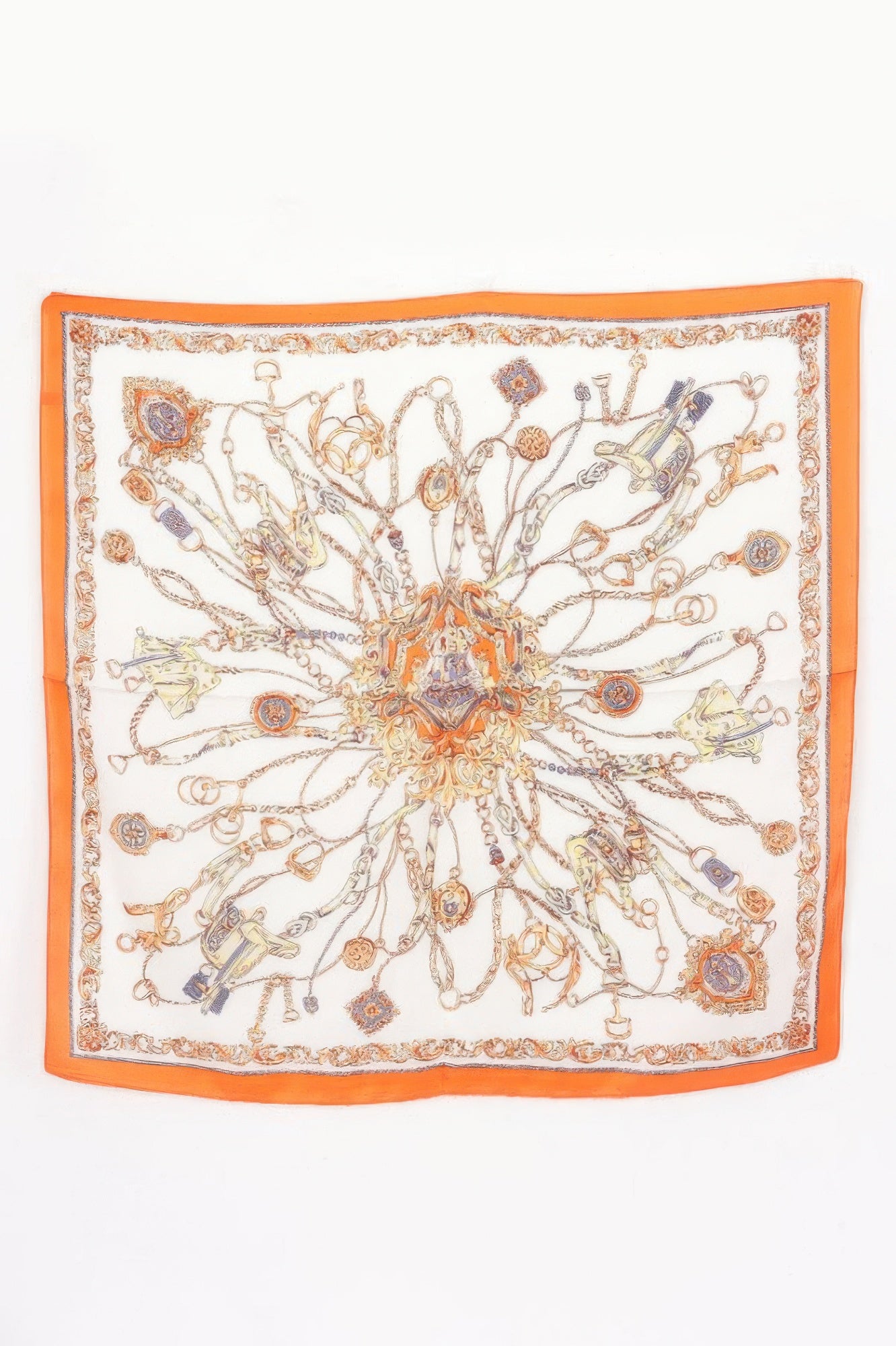 Multi Print Bandana with a white background and an orange border, featuring a chain and charm pattern