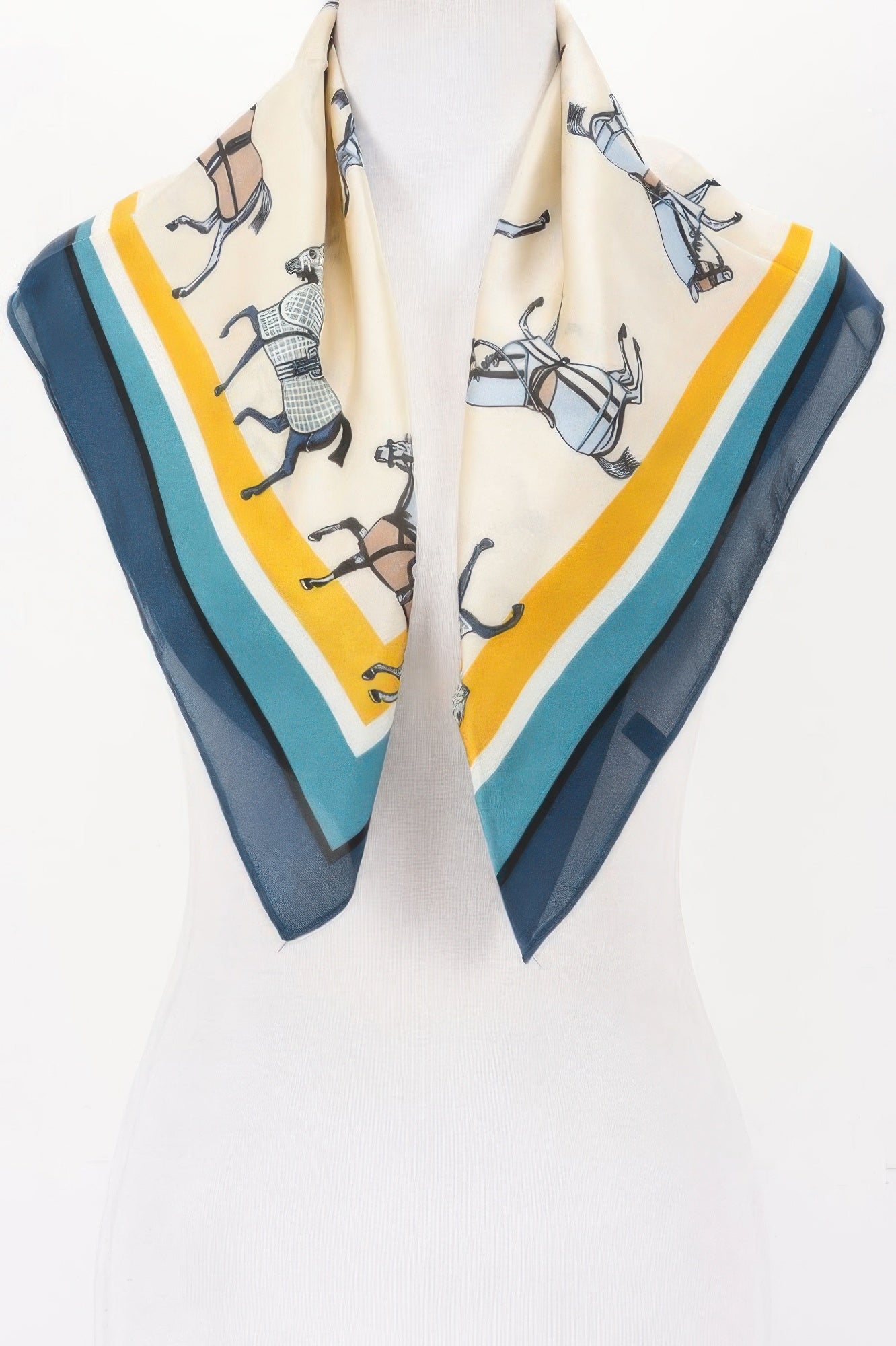 Multi Print Bandana with horse print and striped border in blue, yellow, and white