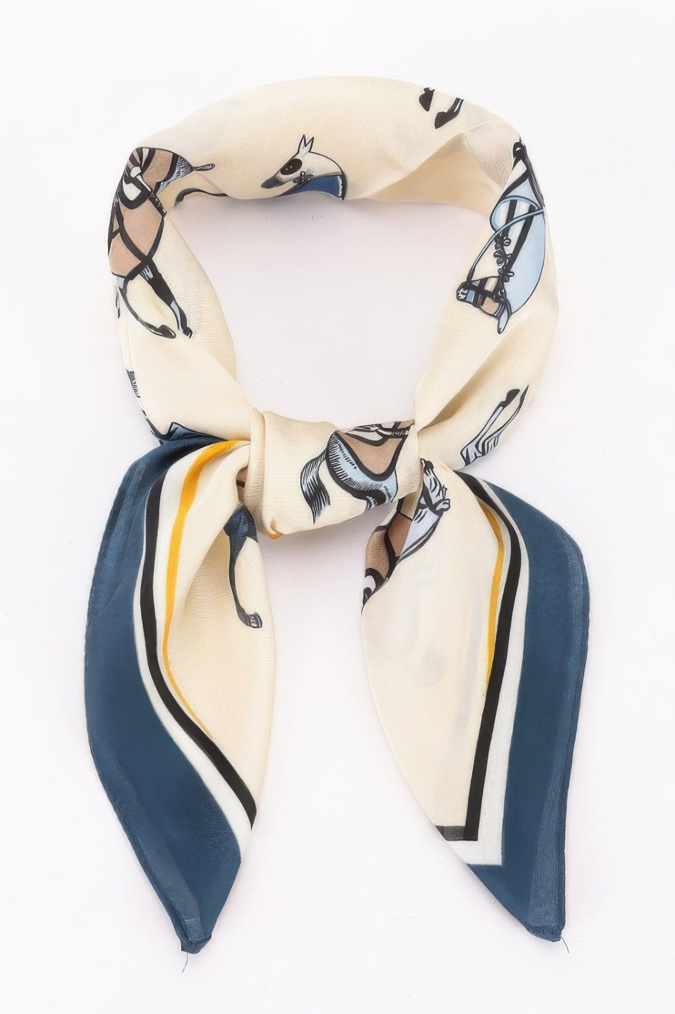 Multi Print Bandana with horse and saddle print, tied in a knot, with blue, yellow, and black stripes