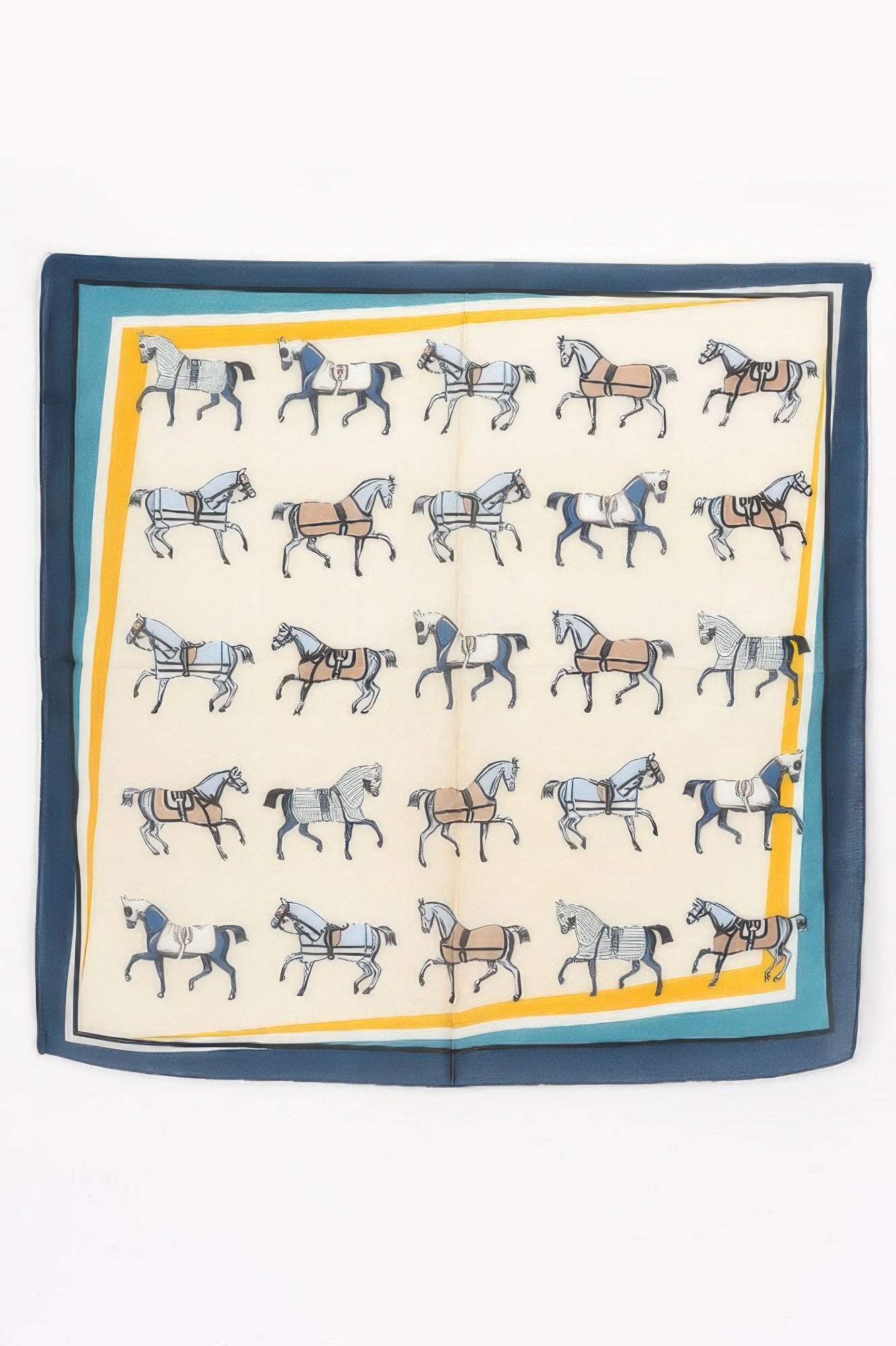 Multi Print Bandana with a pattern of horses in various poses and colors, bordered by blue, yellow, and teal stripes
