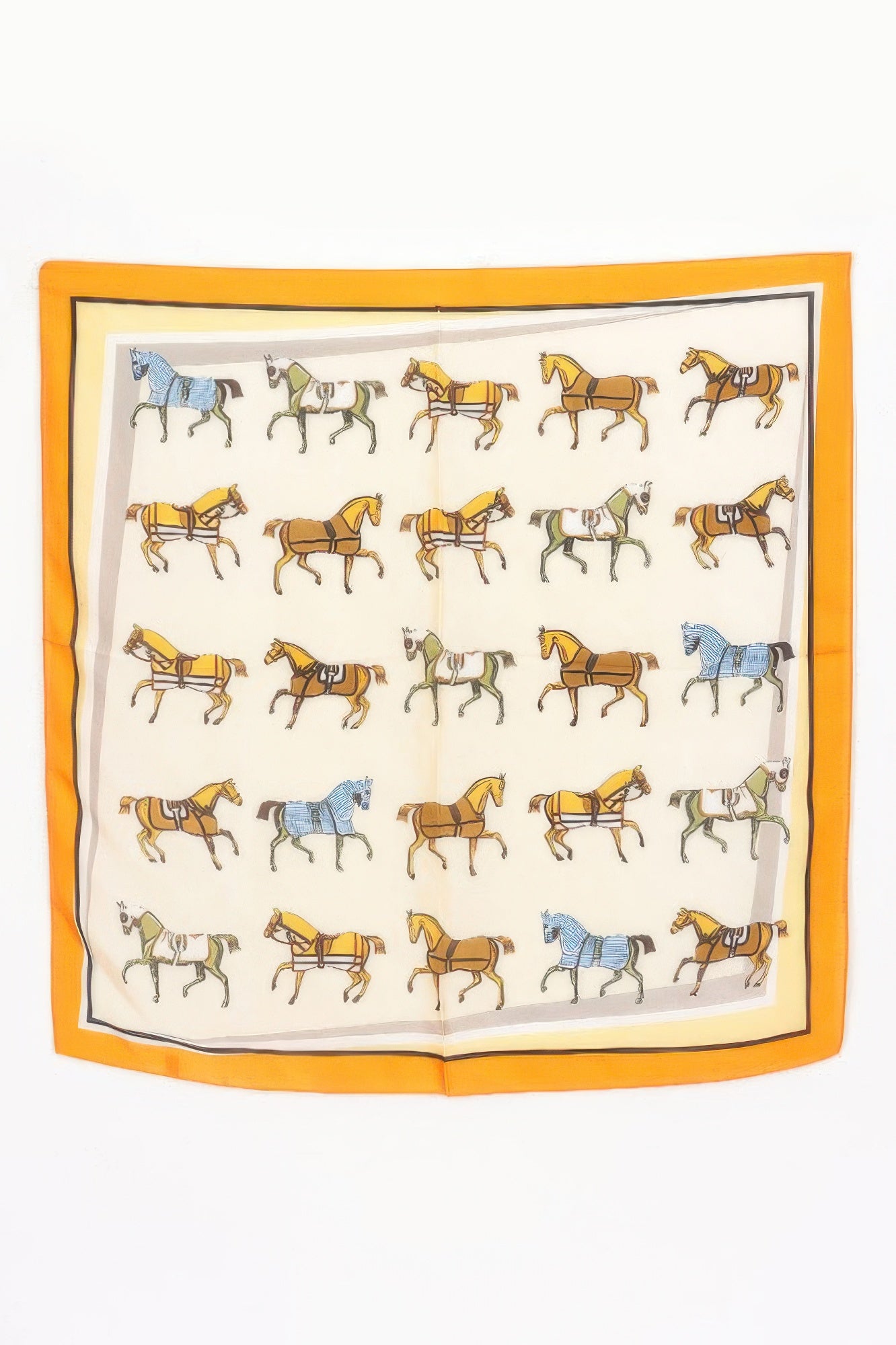 Multi Print Bandana with a pattern of horses in various colors and poses, bordered in orange