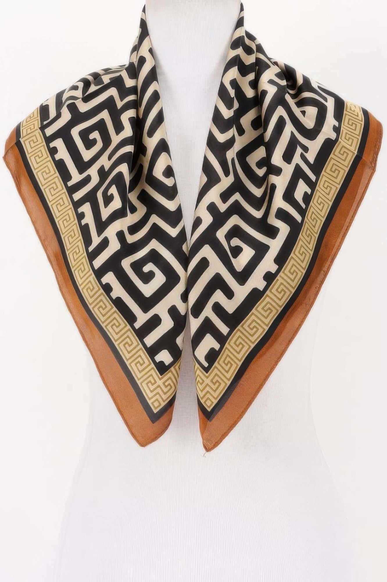 Multi Print Bandana with black and beige maze pattern and brown and gold Greek key border