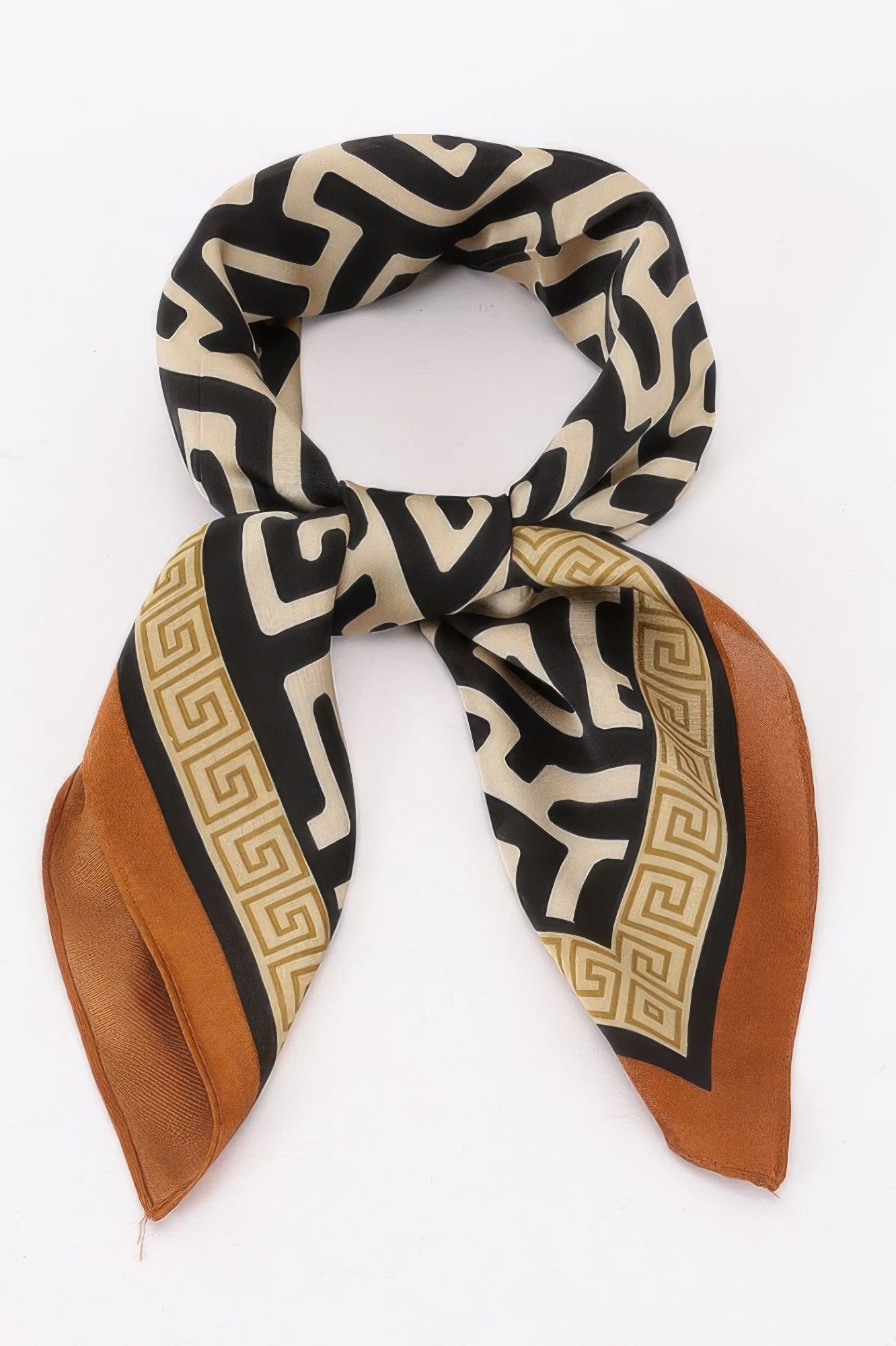 Multi Print Bandana with black, beige, and brown geometric patterns, tied in a knot