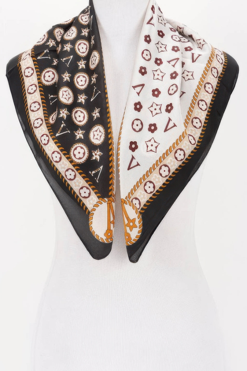 Multi Print Bandana with black and white halves, each with floral and geometric patterns
