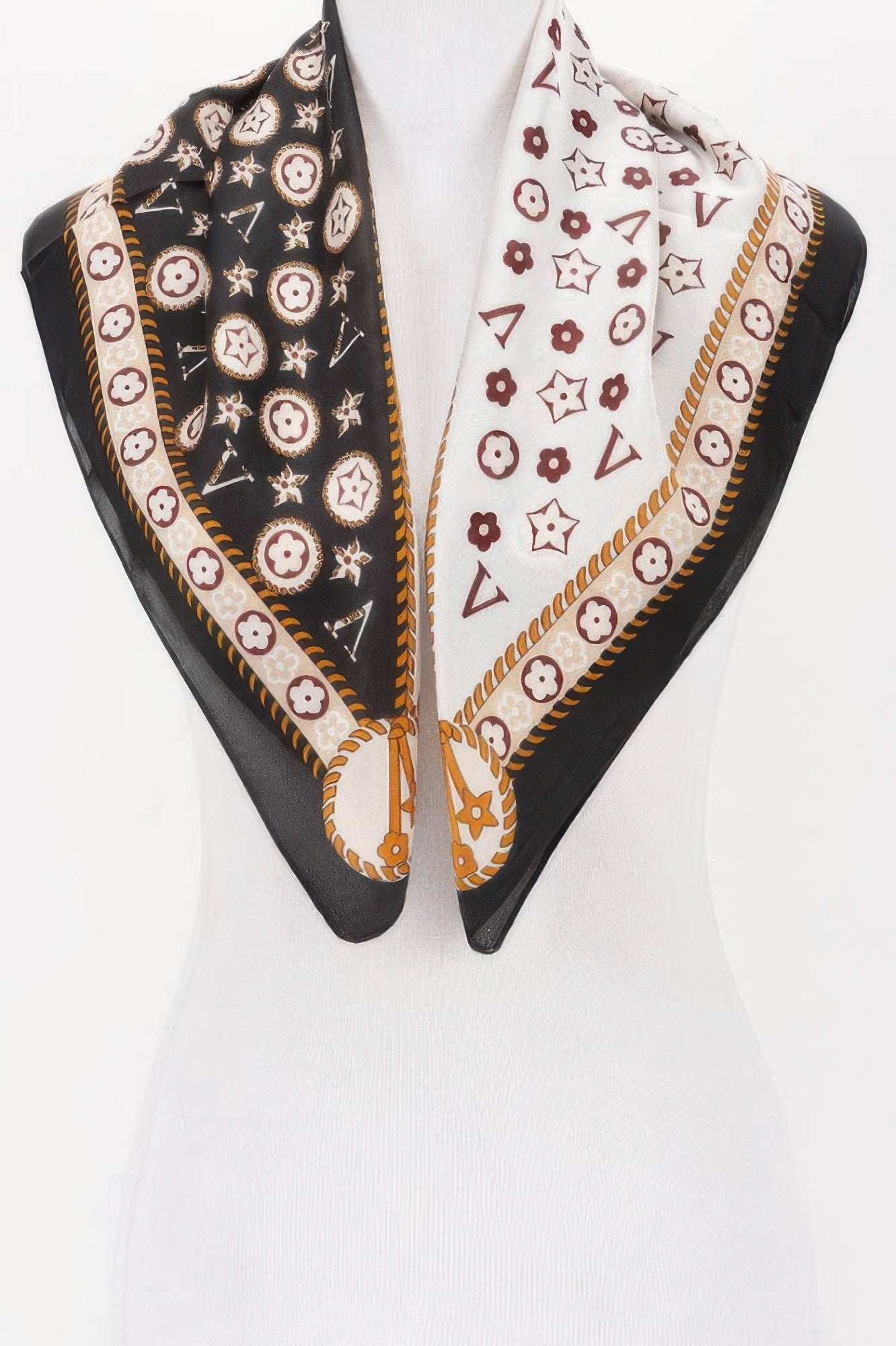Multi Print Bandana with black and white halves, each with floral and geometric patterns