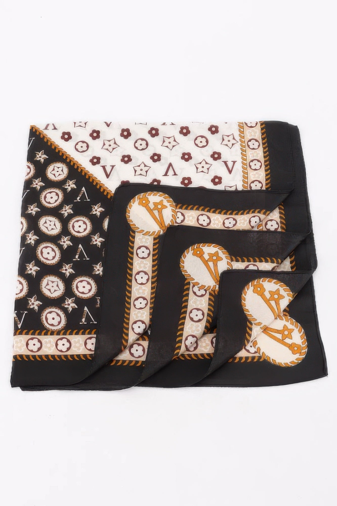 Multi Print Bandana with black and white sections, featuring floral and star patterns, and the letter V