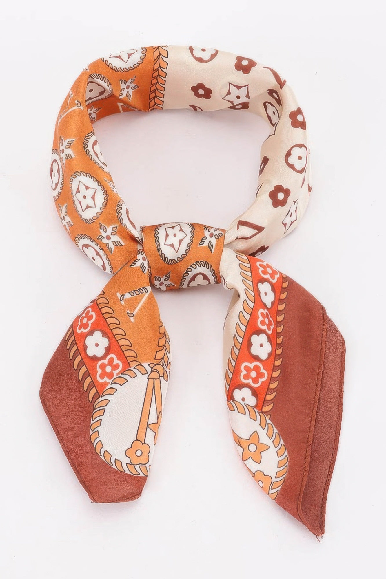 Multi Print Bandana in orange, brown, and cream with floral and geometric patterns