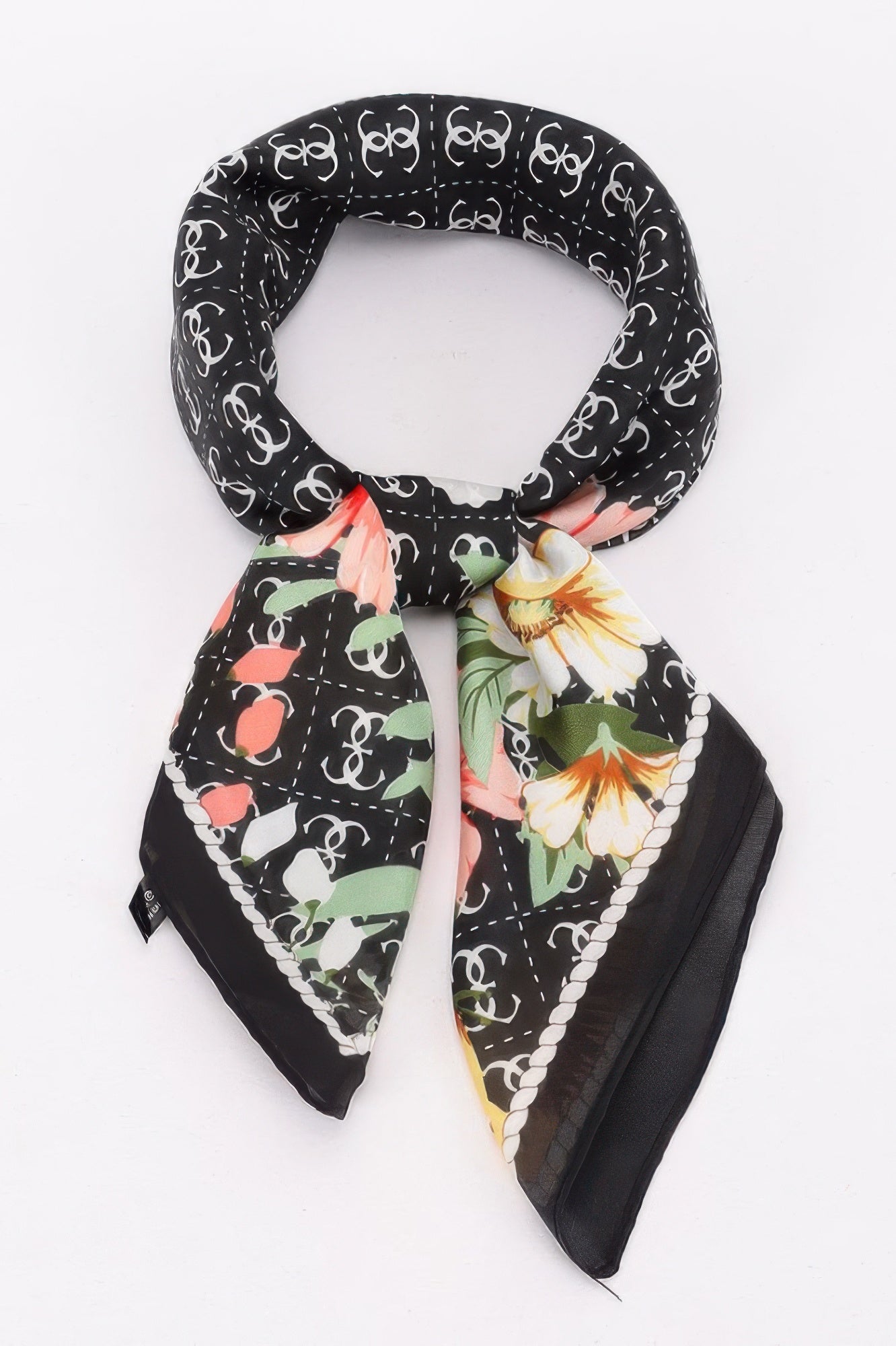 Multi Print Bandana with black background and white logo print, featuring a floral design
