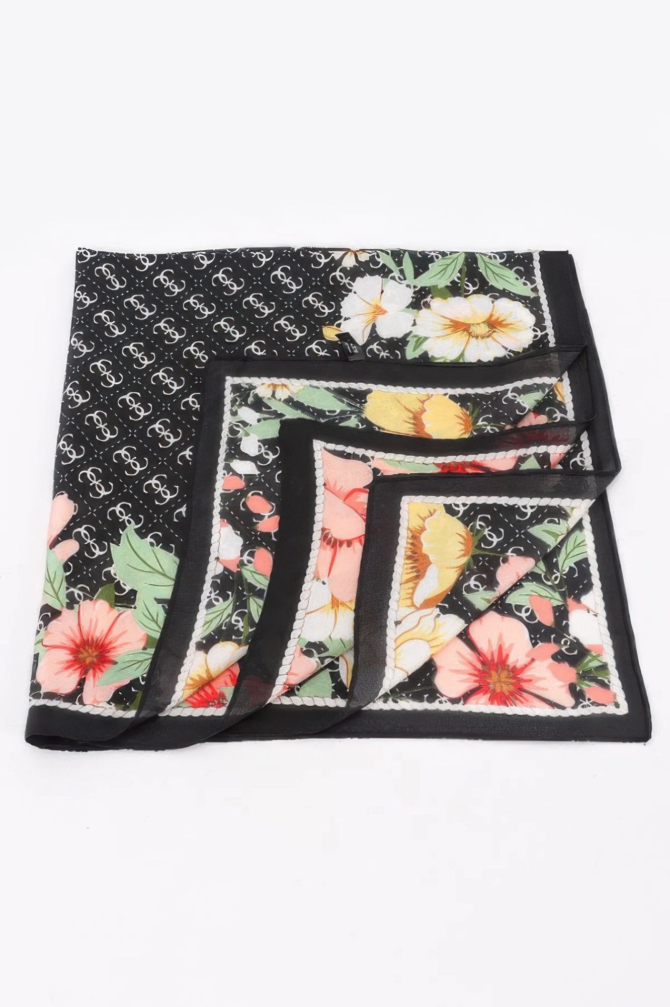 Multi Print Bandana, black with white floral and abstract patterns