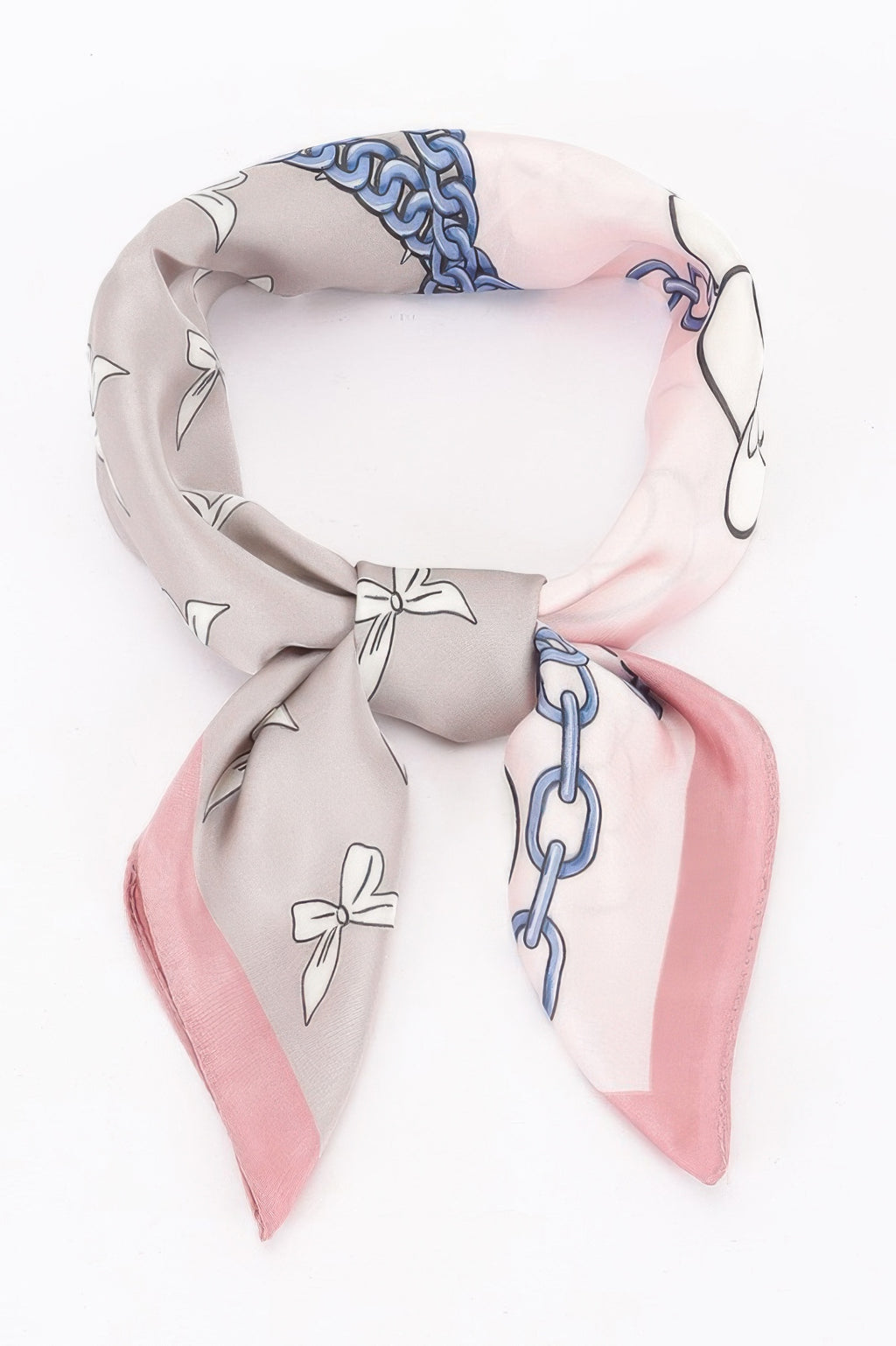 Multi Print Bandana with grey and pink panels, featuring bow and chain link patterns