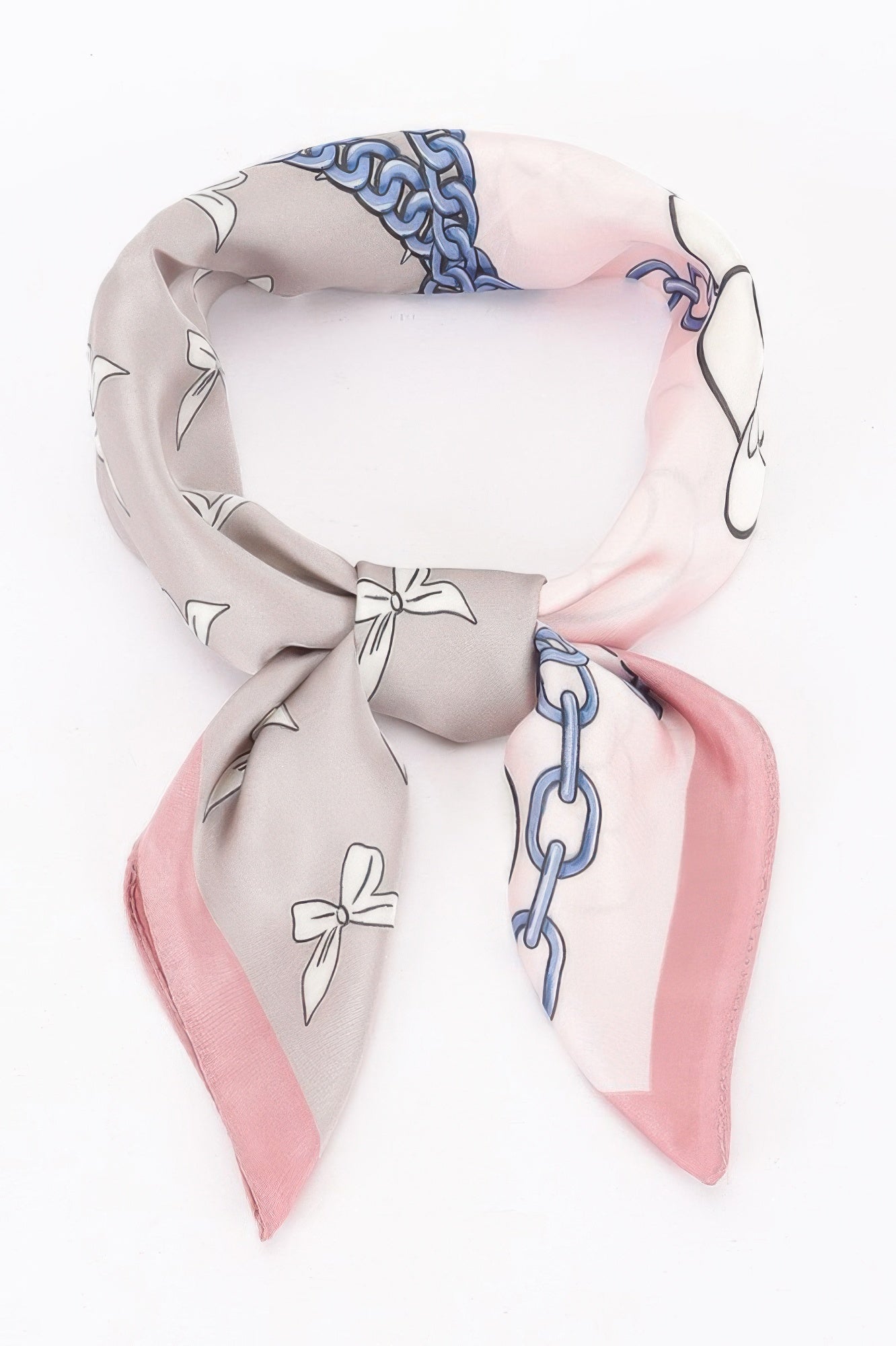 Multi Print Bandana with grey and pink panels, featuring bow and chain link patterns