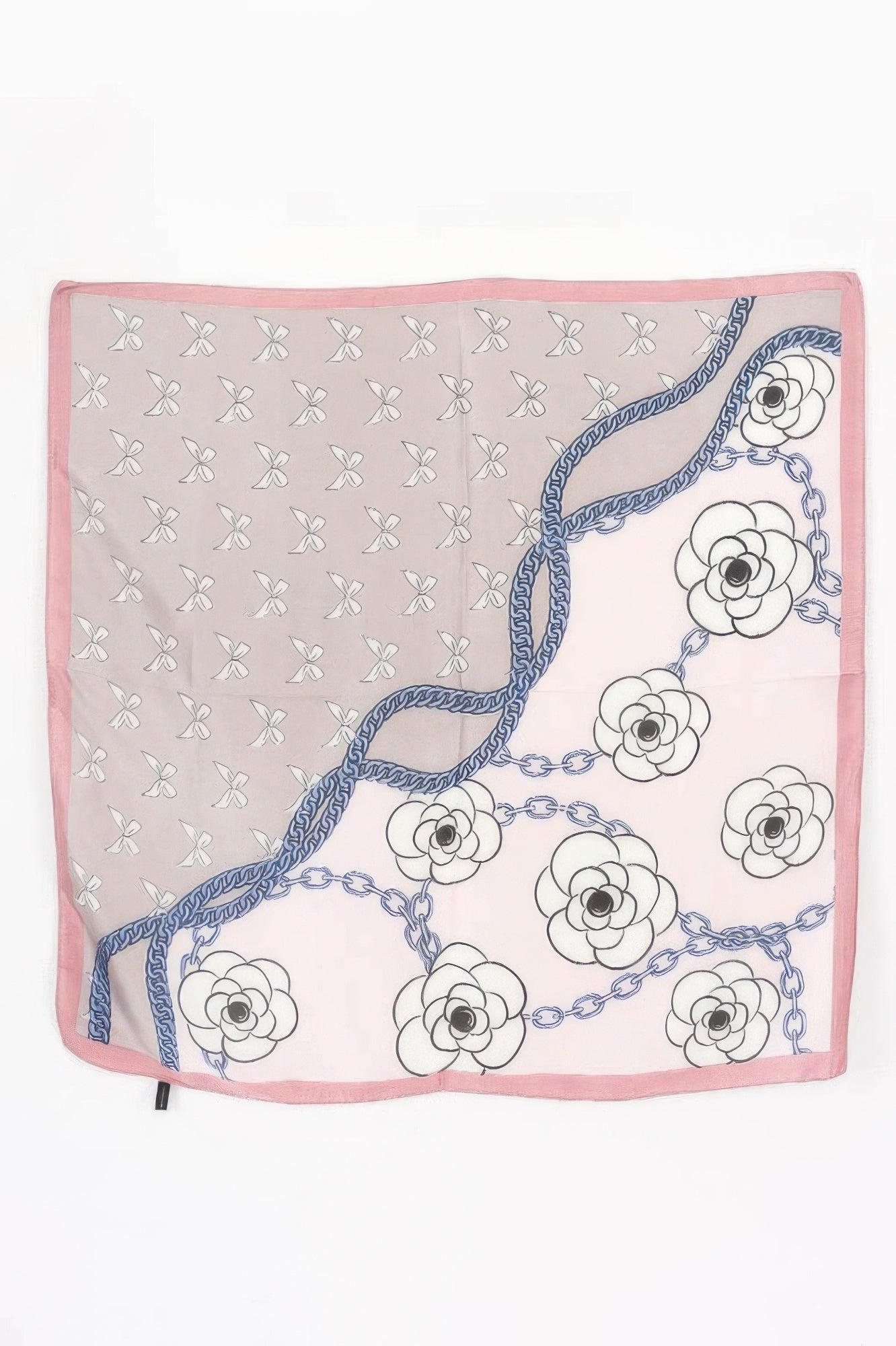 Multi Print Bandana with a pink and grey pattern, blue chains, and white flowers