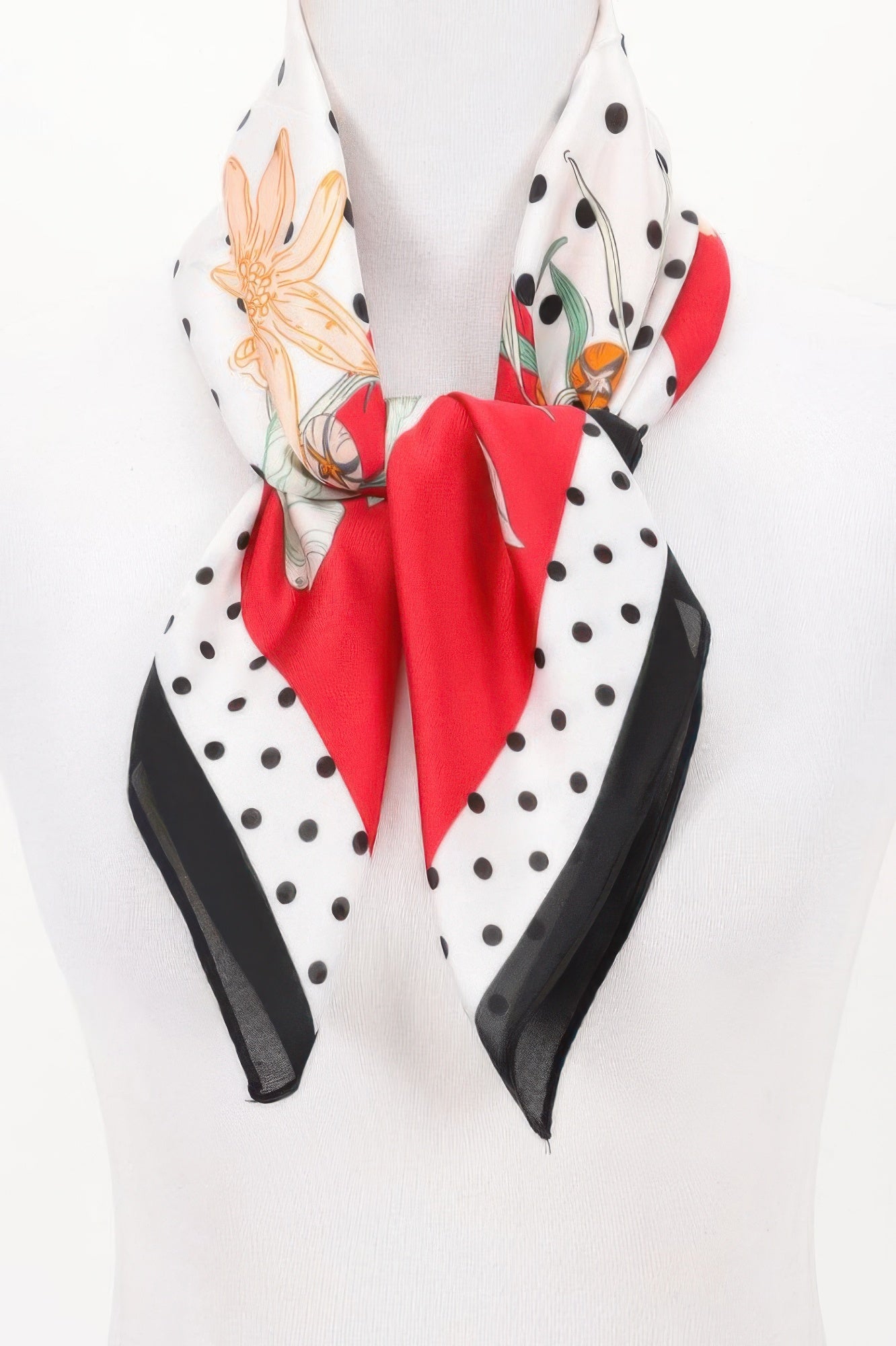 Multi Print Bandana with red, white, black polka dots, and floral patterns
