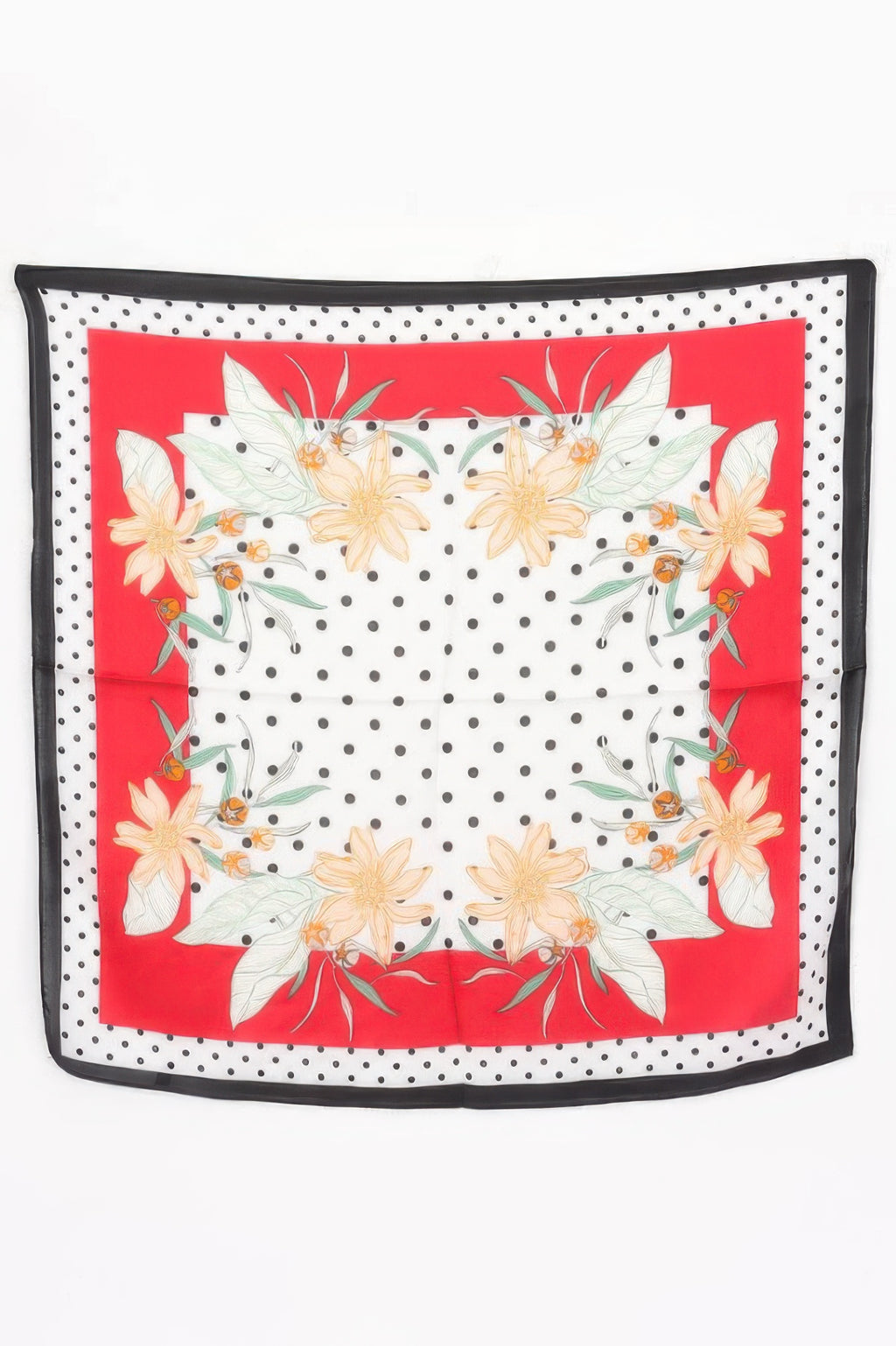 Multi Print Bandana with red border, white center with black polka dots, and floral design