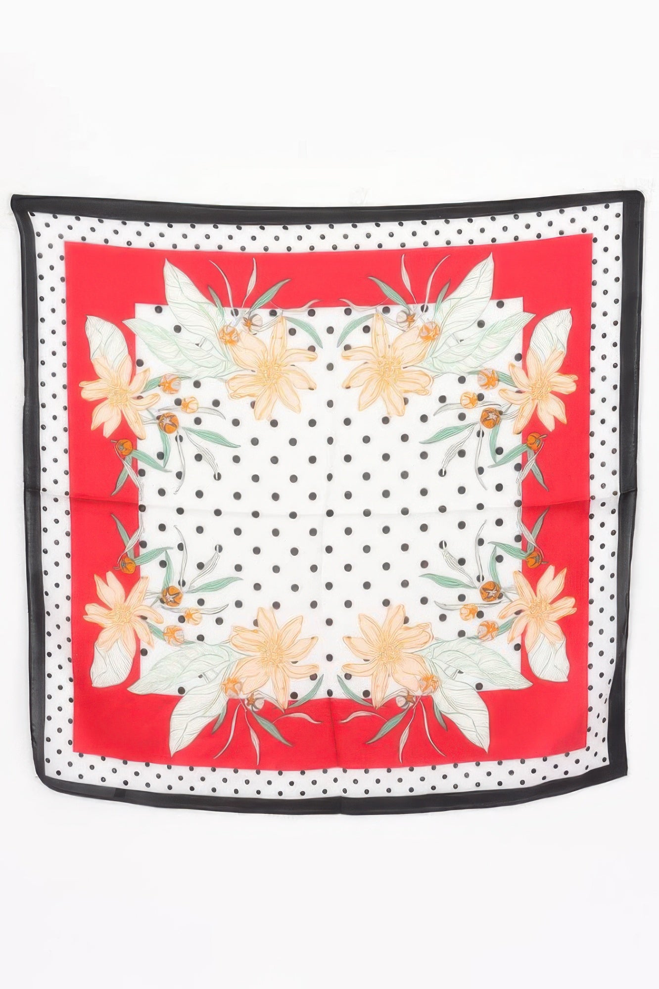 Multi Print Bandana with red border, white center with black polka dots, and floral design