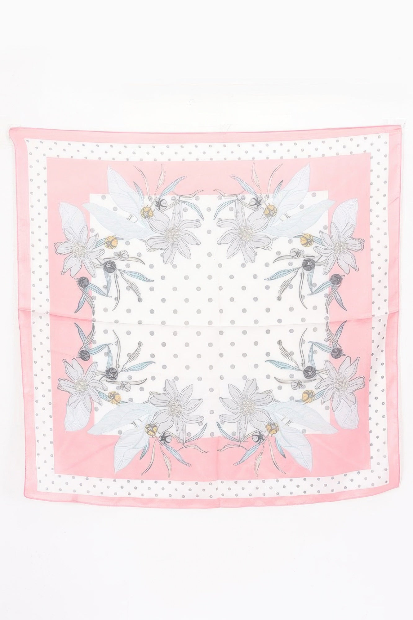 Multi Print Bandana with pink border, white center with grey polka dots, and floral designs