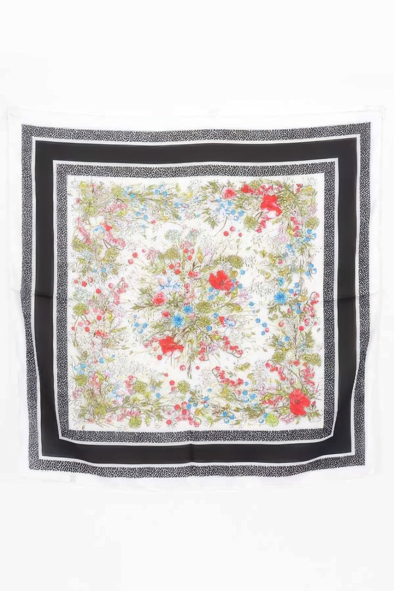 Multi Print Bandana with white background, black border, and floral pattern