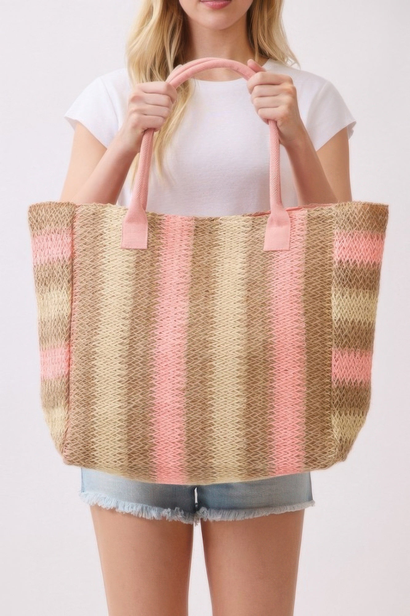 Natural Brown Multi Color Stripe Straw Tote Bag with pink handles