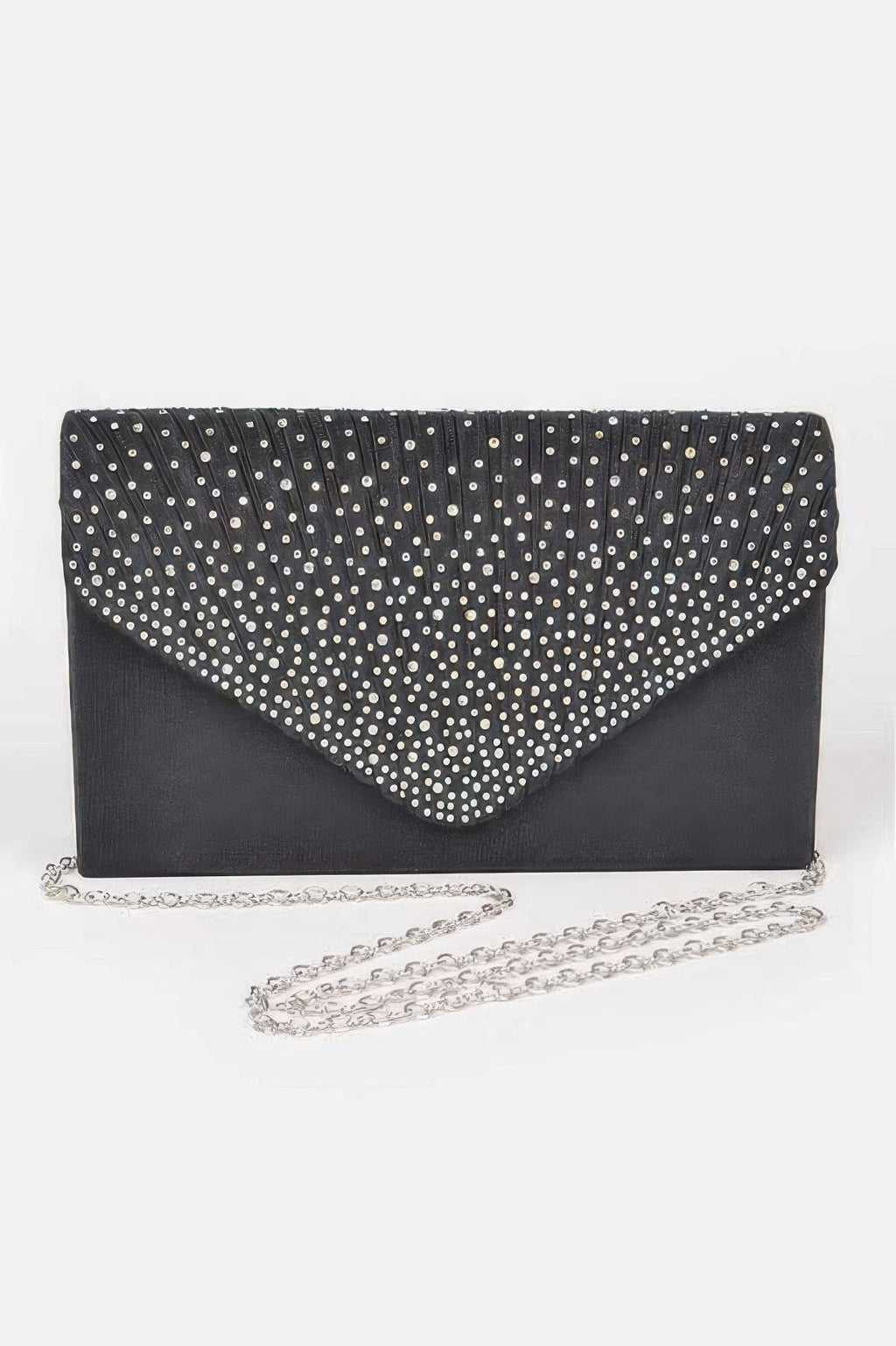Rhinestone Satin Party Clutch in black with silver chain