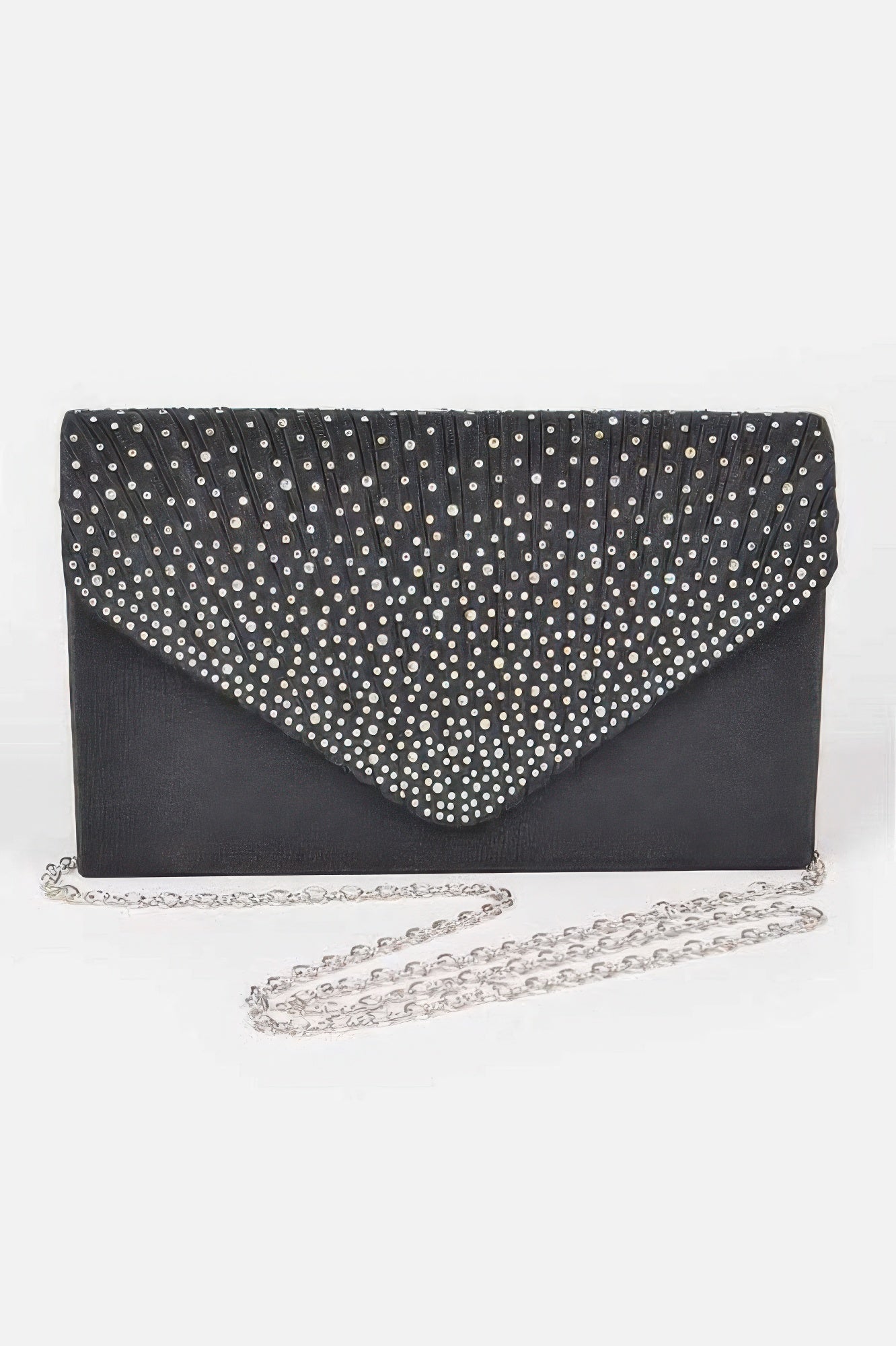 Rhinestone Satin Party Clutch in black with silver chain