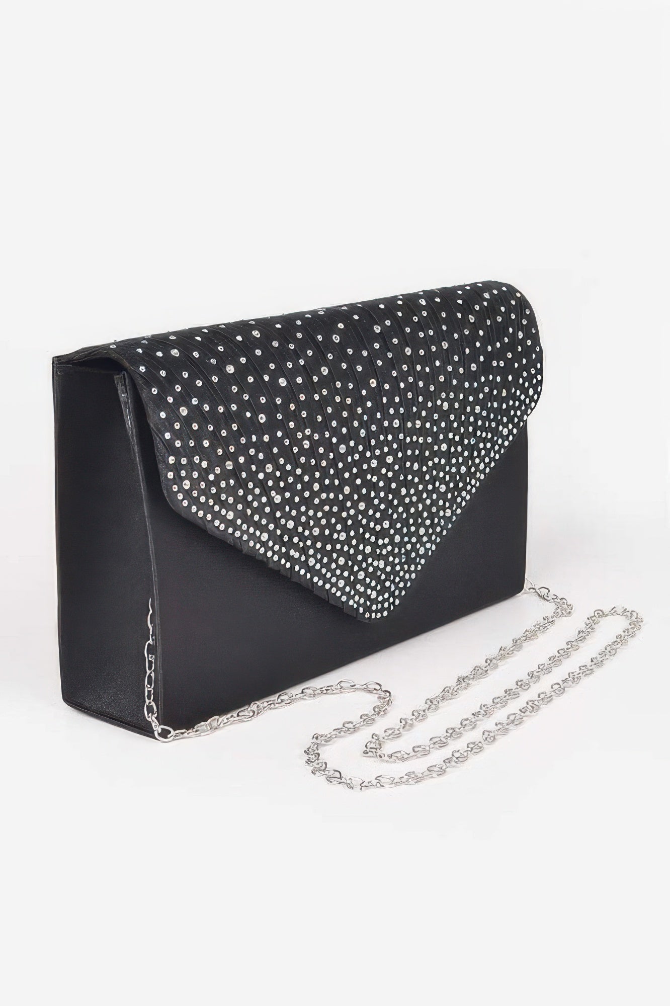 Rhinestone Satin Party Clutch in black with a silver chain strap