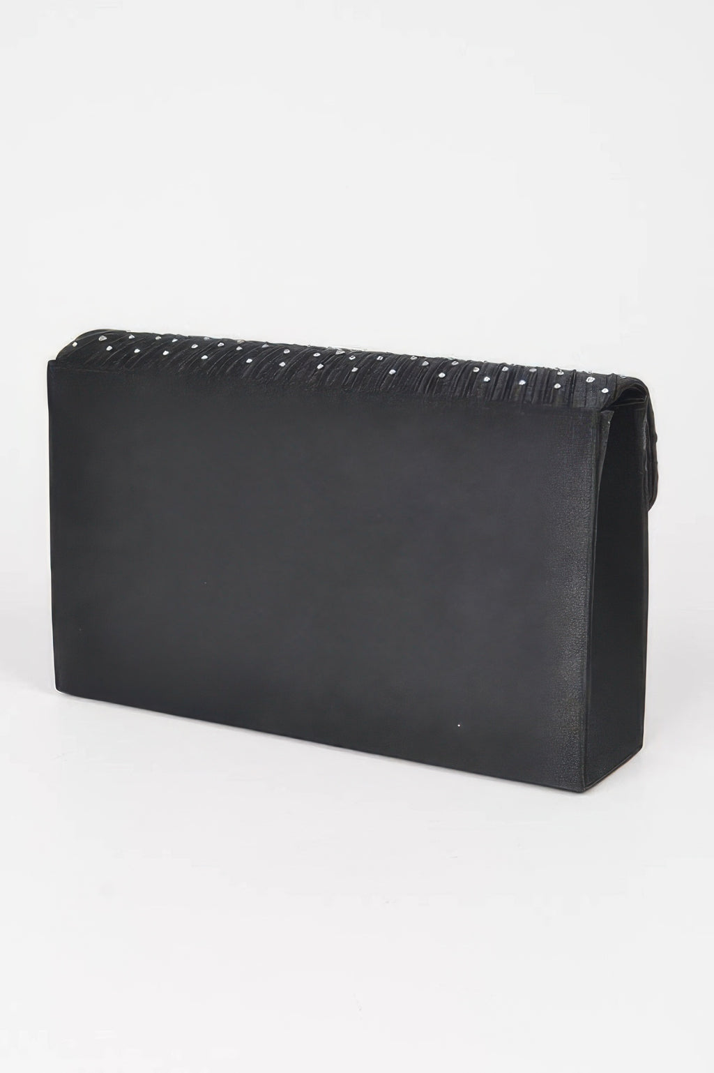 Rhinestone Satin Party Clutch in black with pleated top and silver rhinestones
