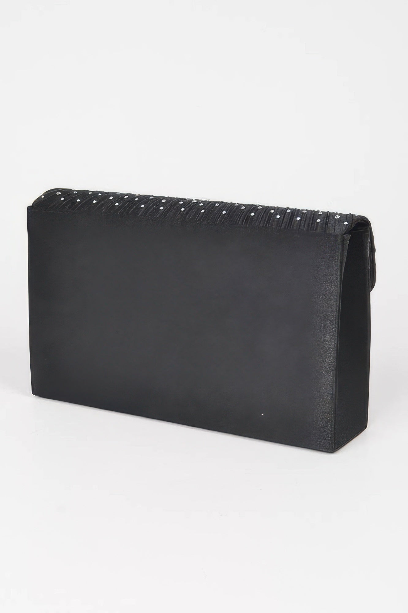 Rhinestone Satin Party Clutch in black with pleated top and silver rhinestones