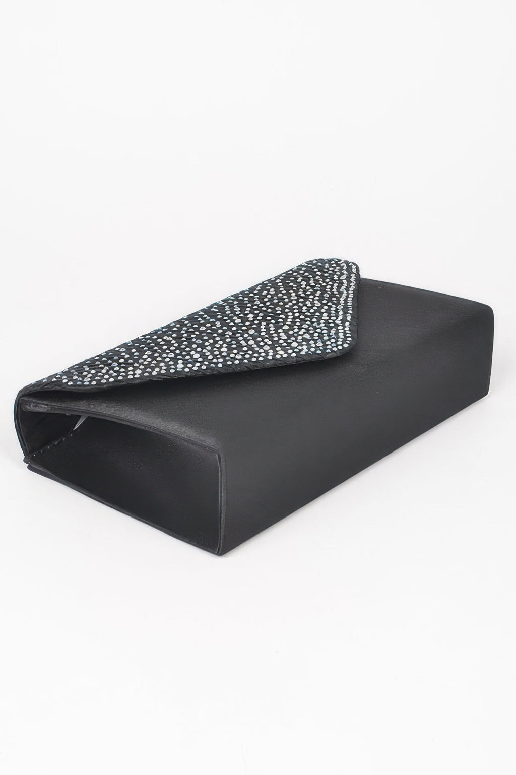 Rhinestone Satin Party Clutch in black with a flap covered in small, sparkling rhinestones