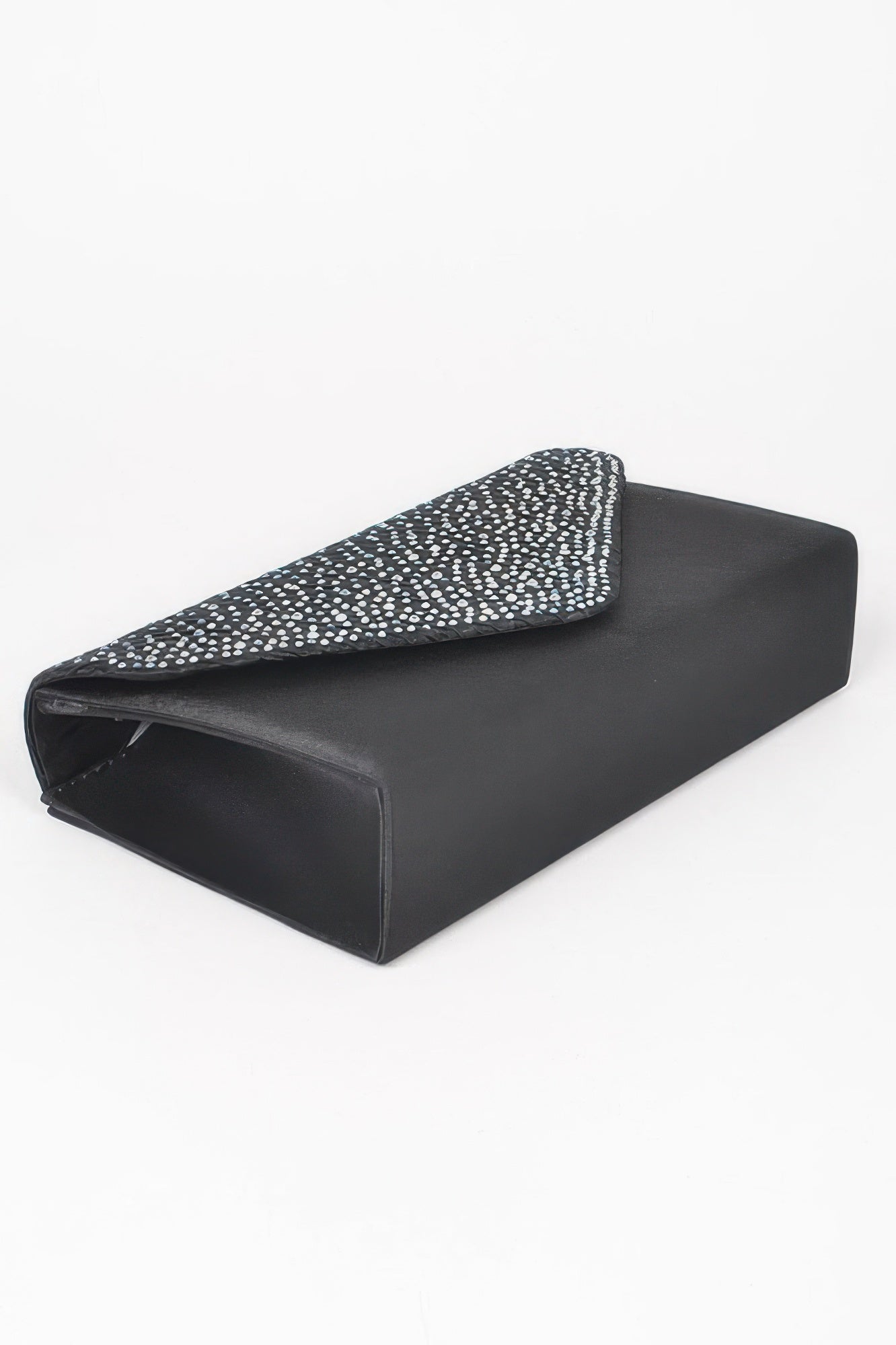 Rhinestone Satin Party Clutch in black with a flap covered in small, sparkling rhinestones