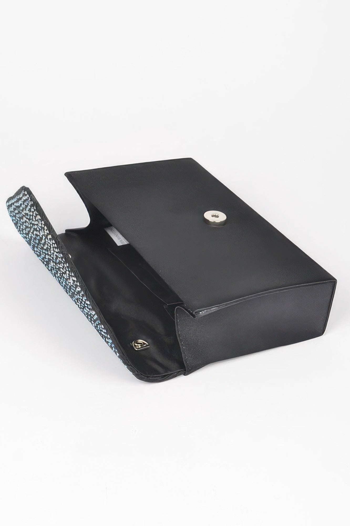 Rhinestone Satin Party Clutch, open, showing black satin interior and magnetic closure