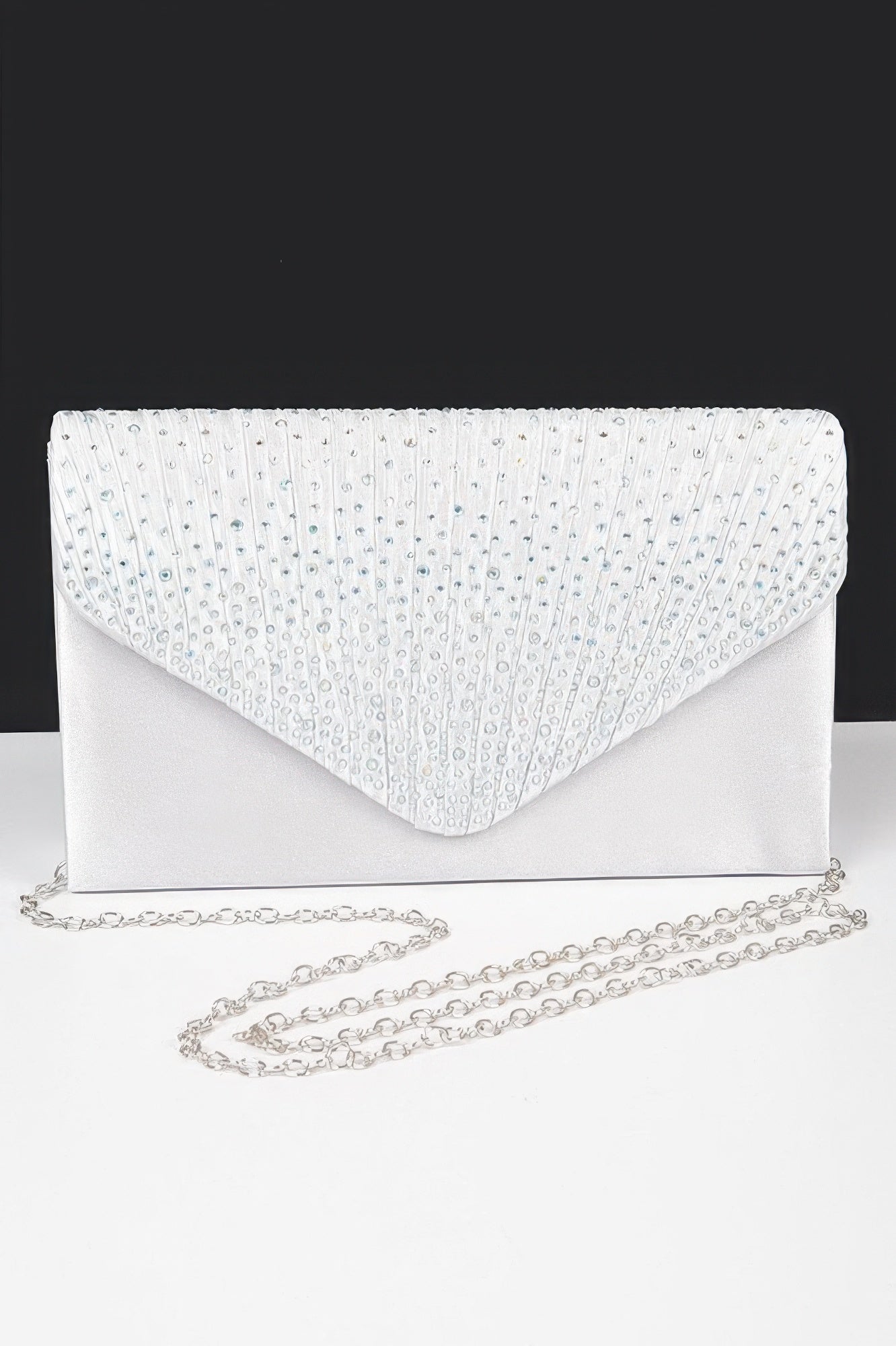 Rhinestone Satin Party Clutch in silver with a silver chain