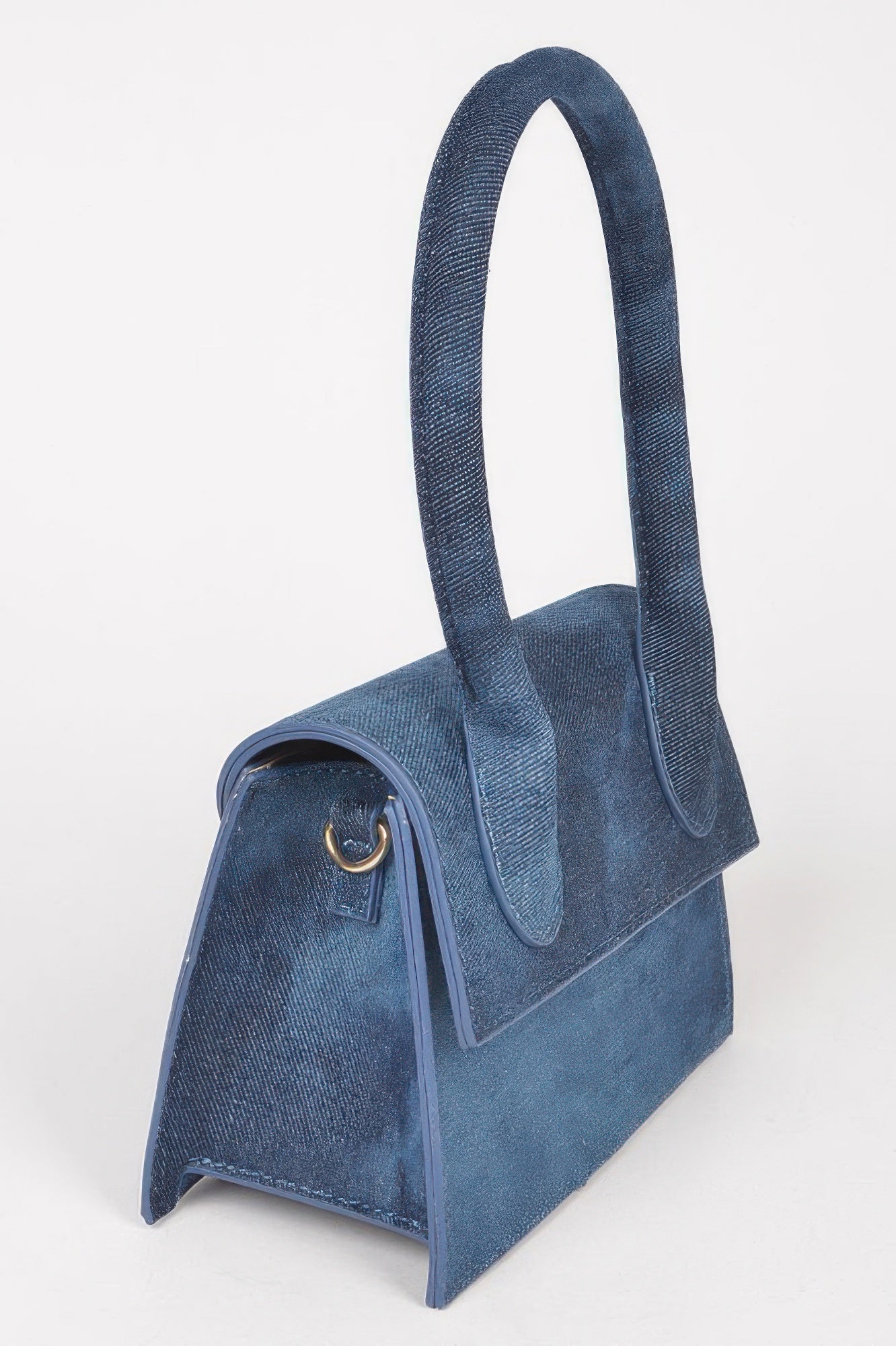 Denim Top Handle Crossbody Bag in blue denim with a structured shape and a single top handle