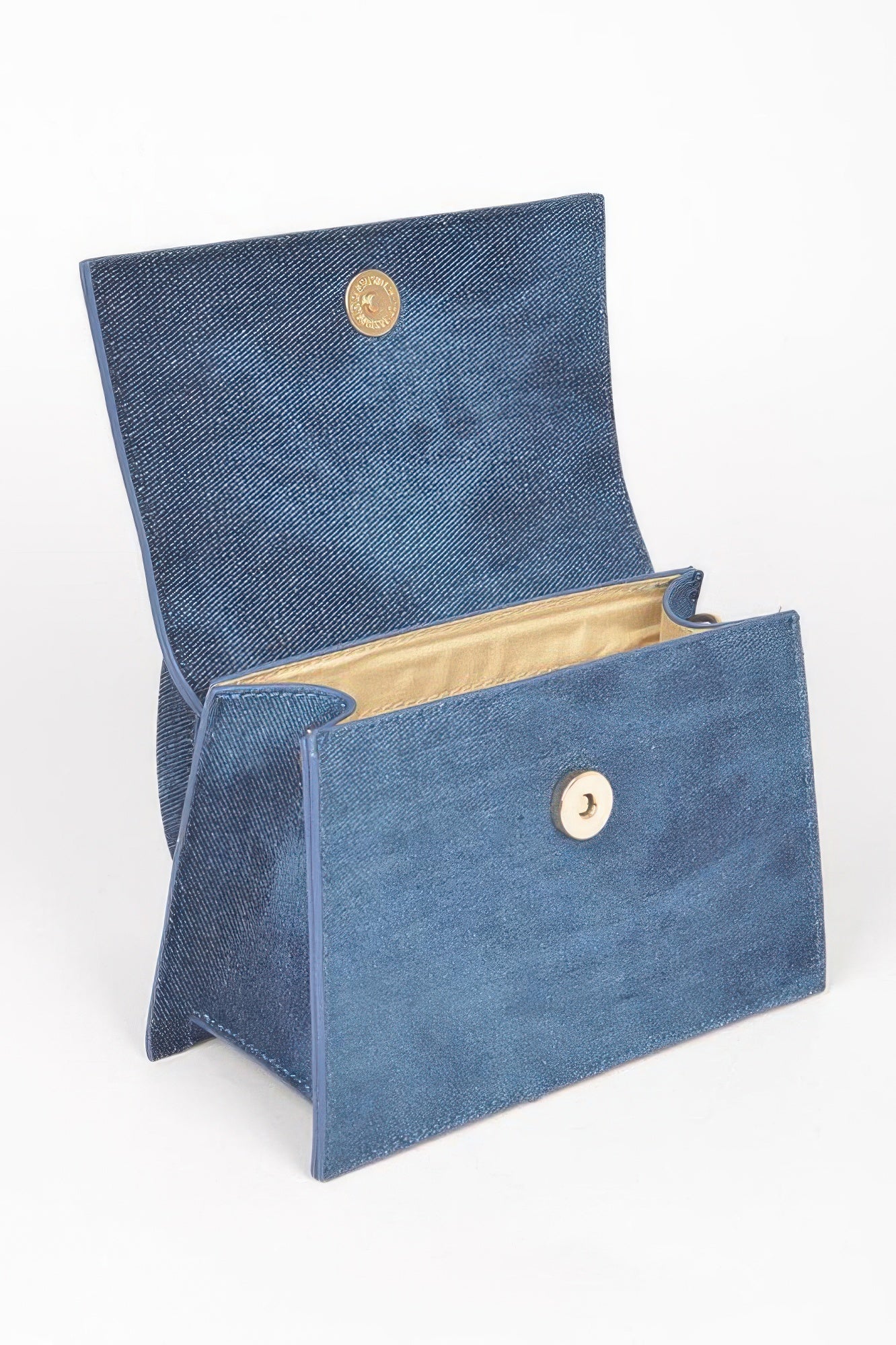 Denim Top Handle Crossbody Bag, open with gold lining and magnetic closure