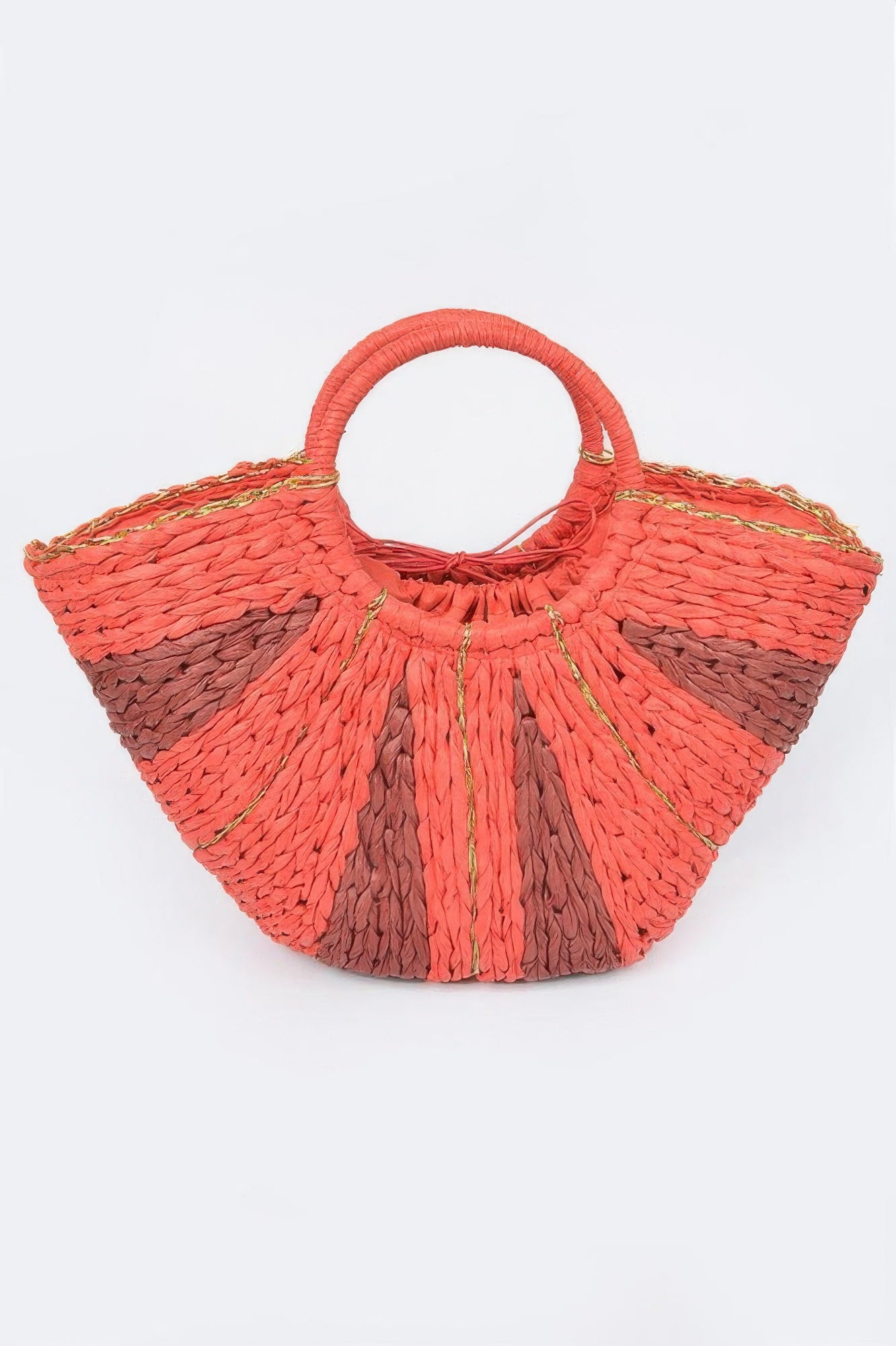 Two Tone Straw Tote Bag in coral and brown with gold accents