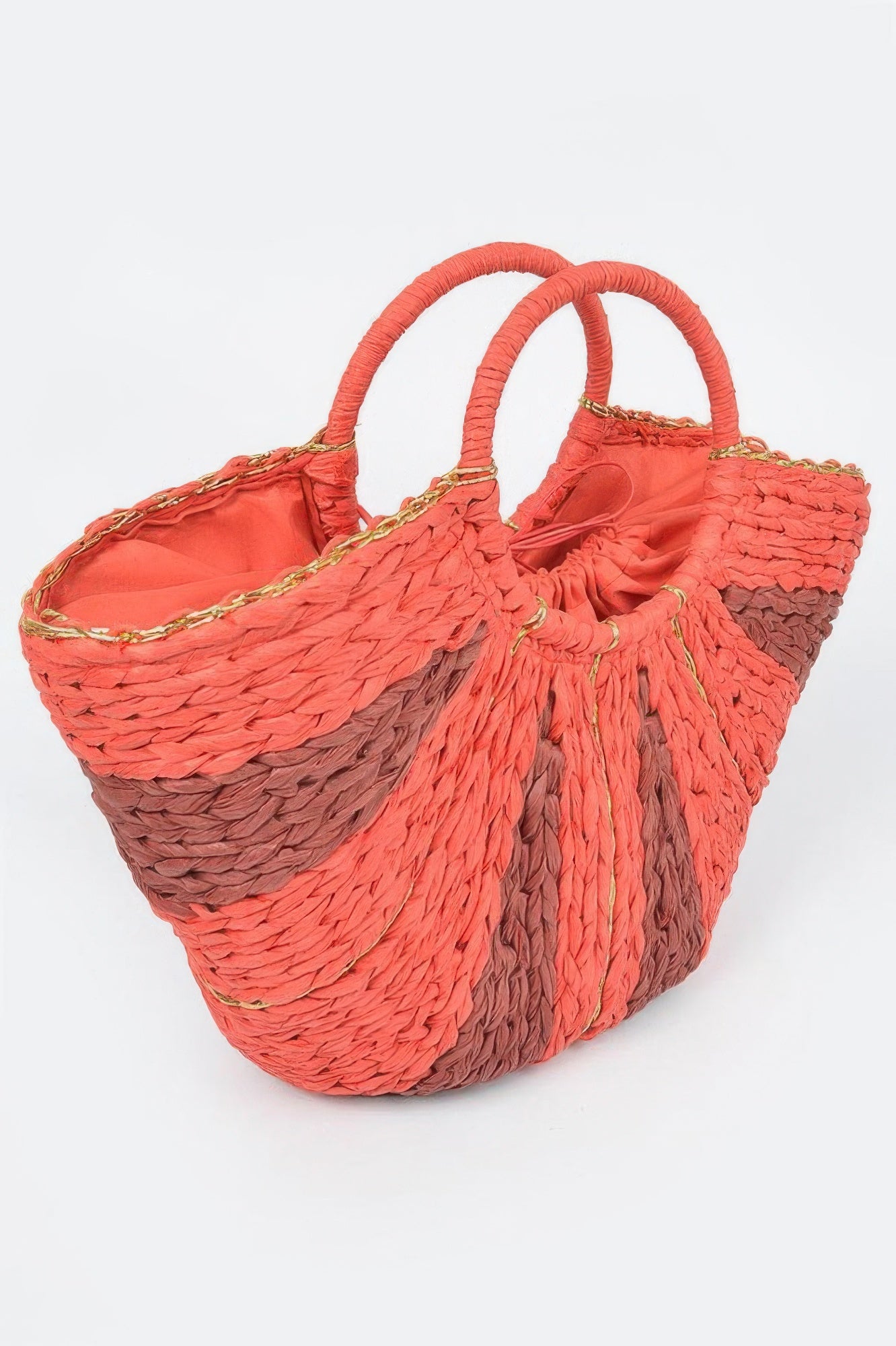 Two Tone Straw Tote Bag in coral and brown with gold trim and handles