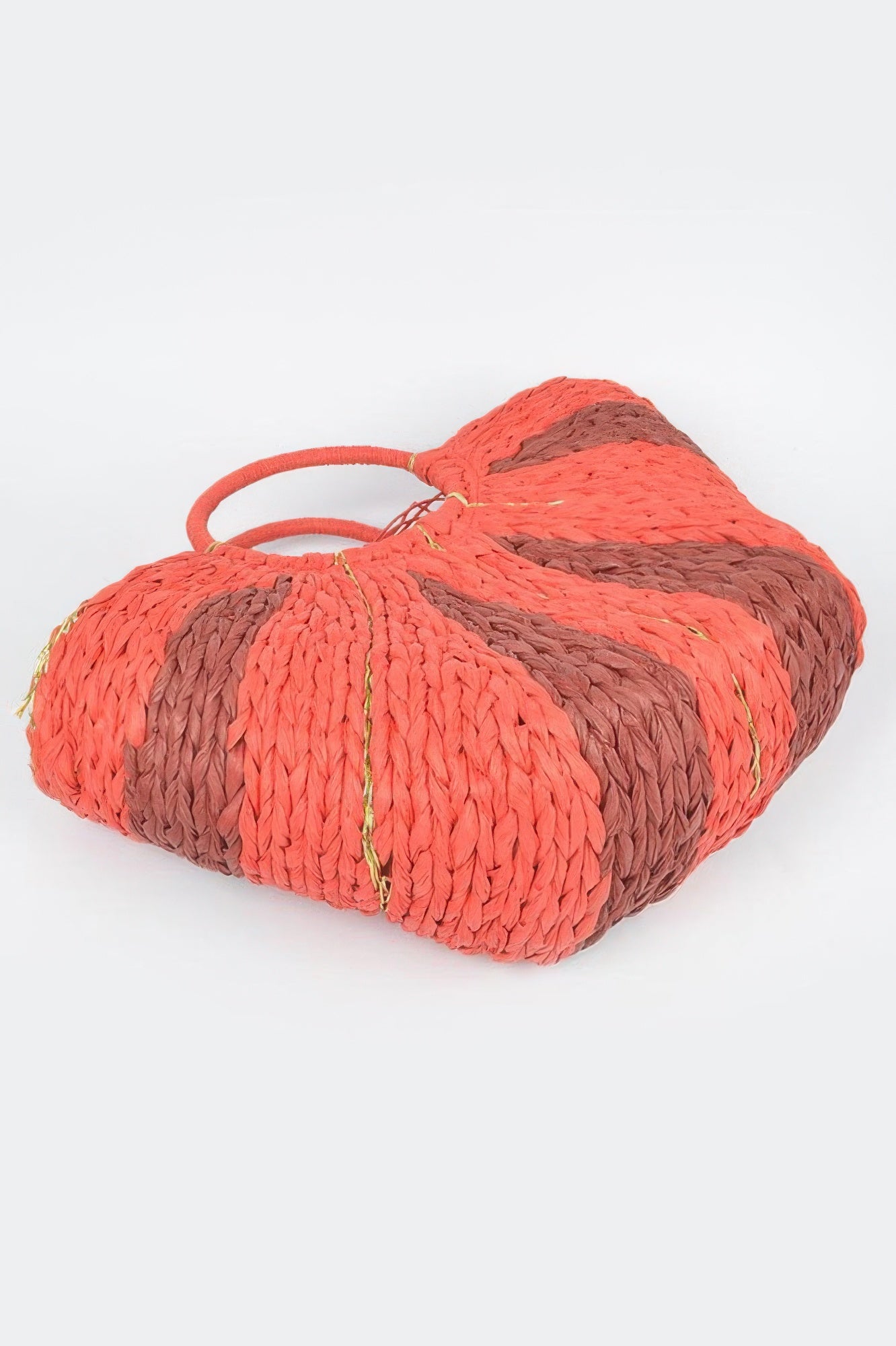 Two Tone Straw Tote Bag in coral and brown with gold accents