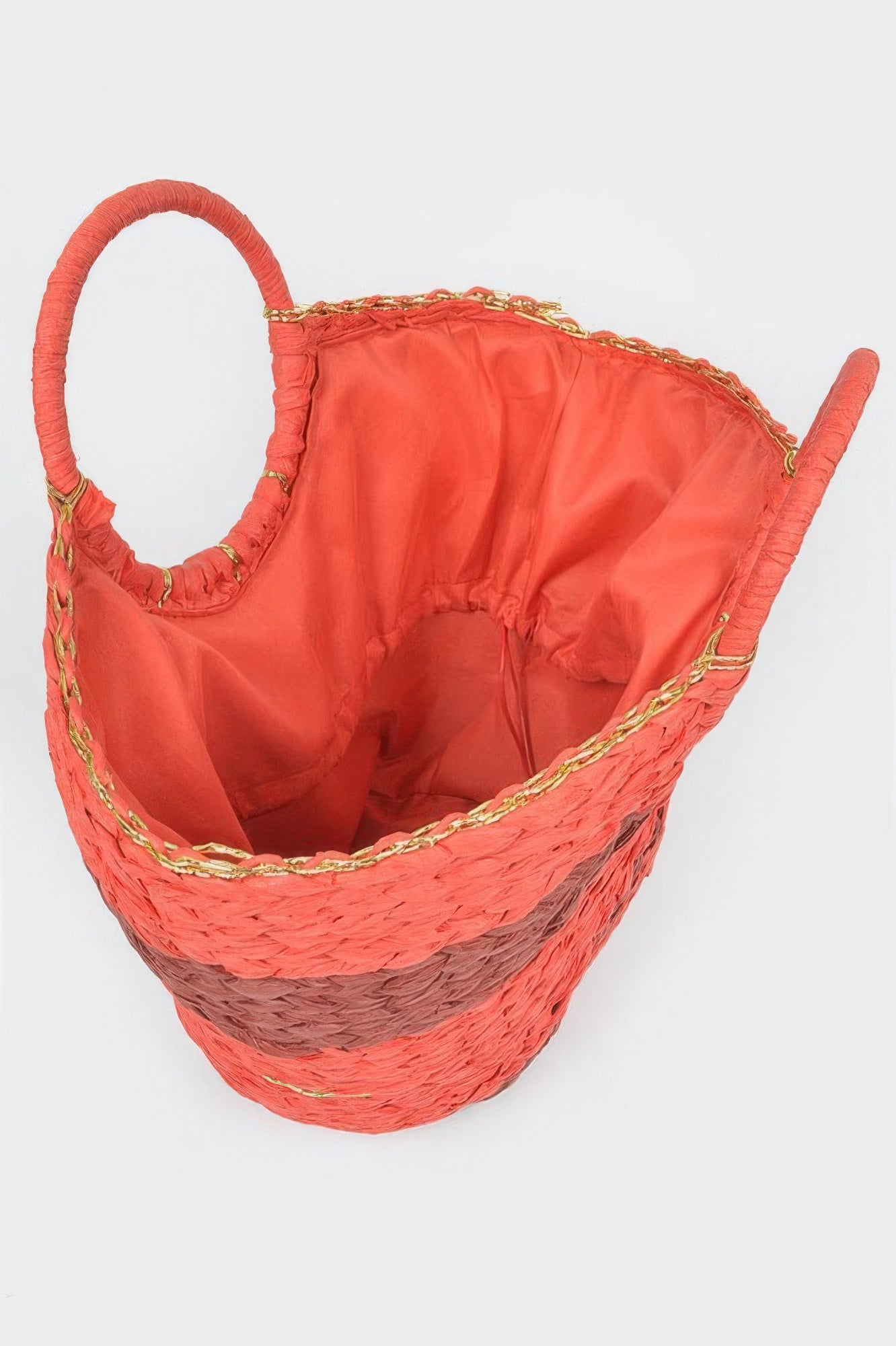 Two Tone Straw Tote Bag, coral and brown woven straw with gold trim and coral fabric lining