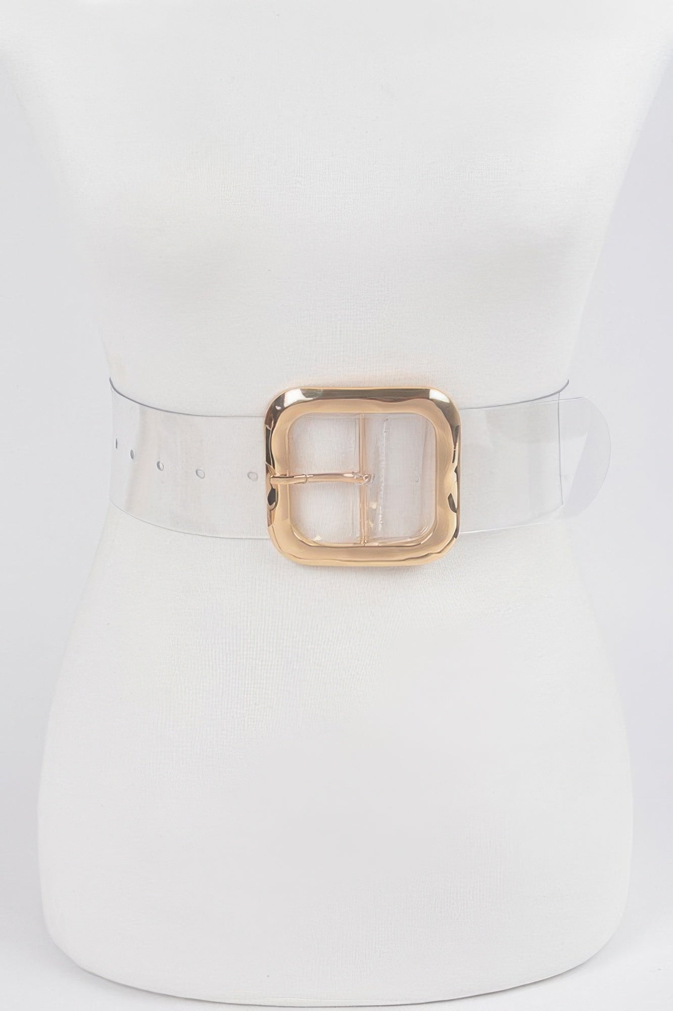 Transparent Metal Buckle Belt with a gold-colored buckle on a white mannequin