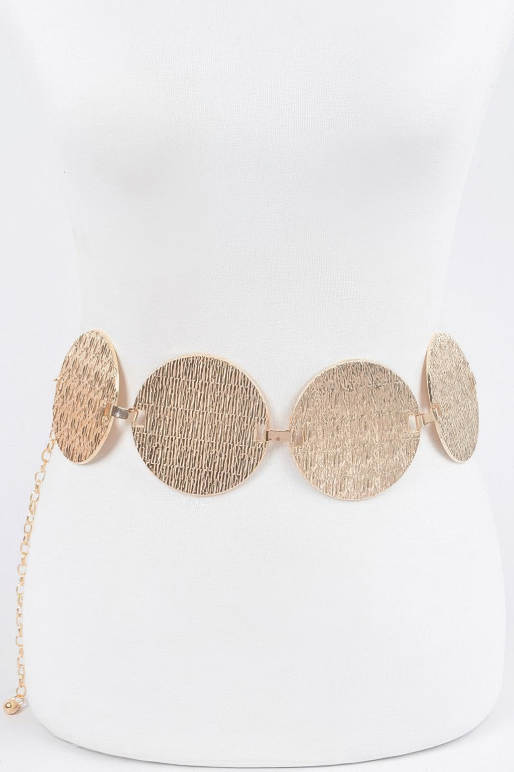 Iron Circular Plated Plus Size Belt with textured gold circular plates and a delicate chain